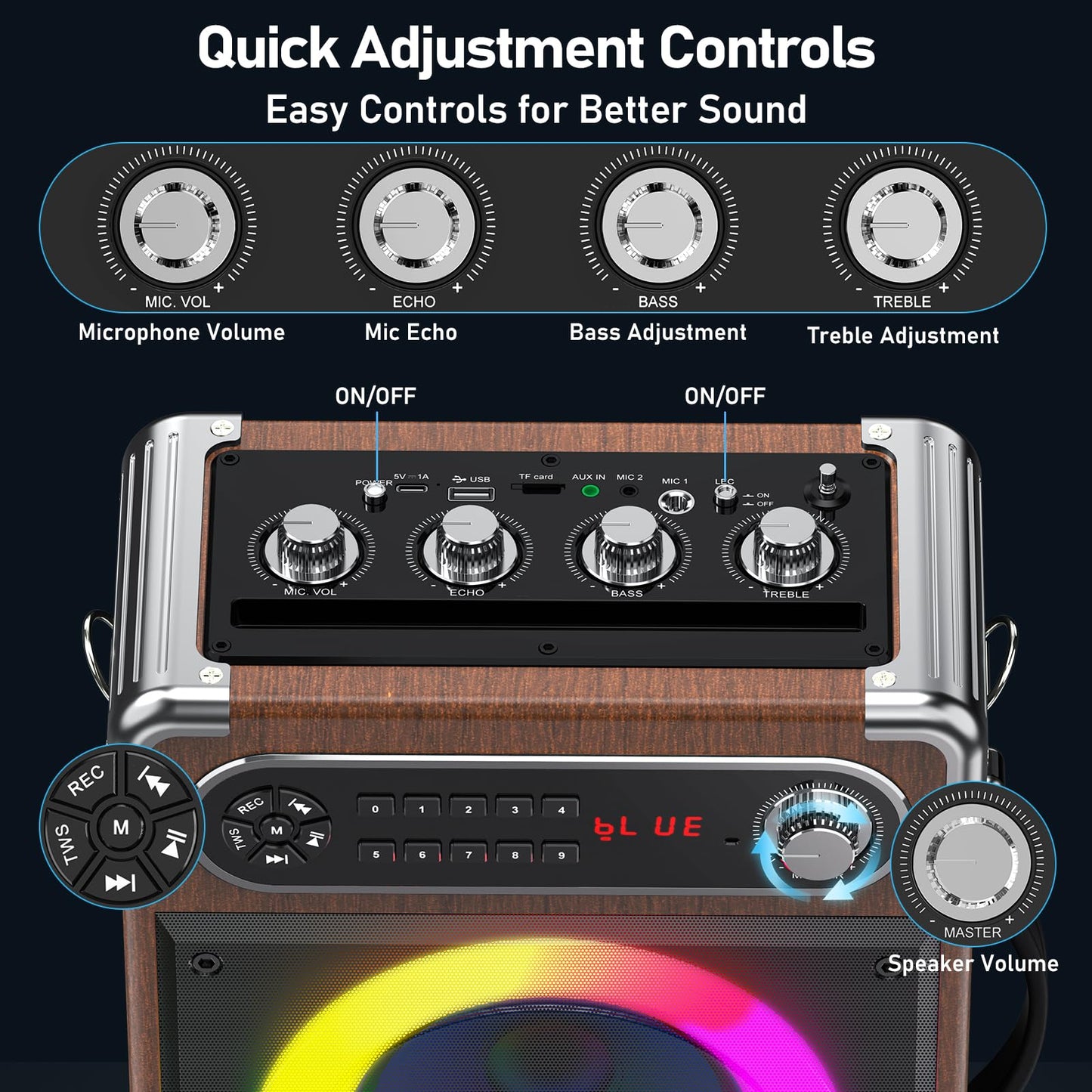 JYX Karaoke system with 2 wireless microphones, Portable PA system Karaoke speaker with adjustable treble/bass and LED lights, Supports TWS, USB/TF/FM radio, Recording function, Perfect for parties, indoors, and outdoors.