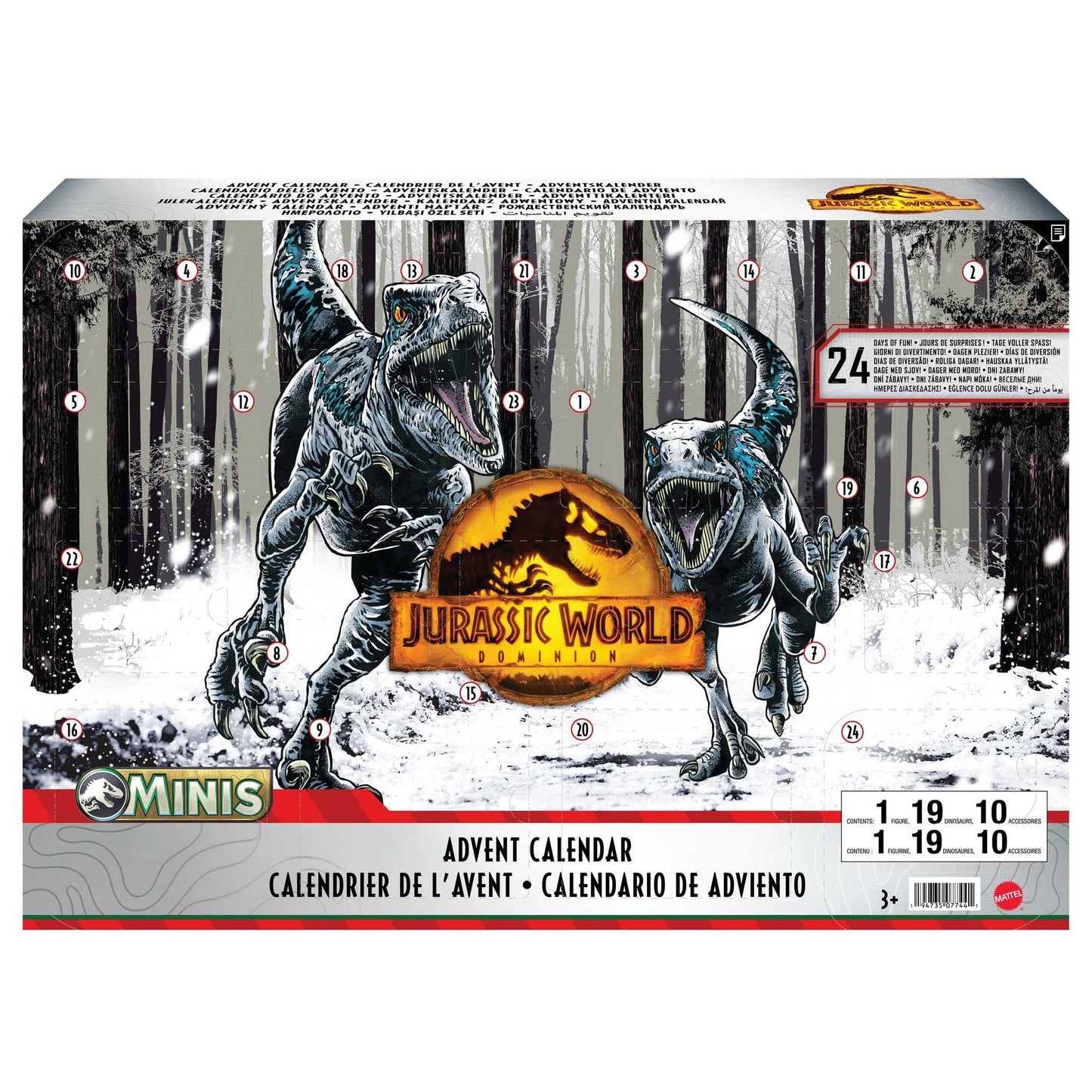 Mattel Jurassic World Advent Calendar for kids with surprises for 24 days, includes various dinosaur figures and battle arena, toy for ages 3+, HHW24
