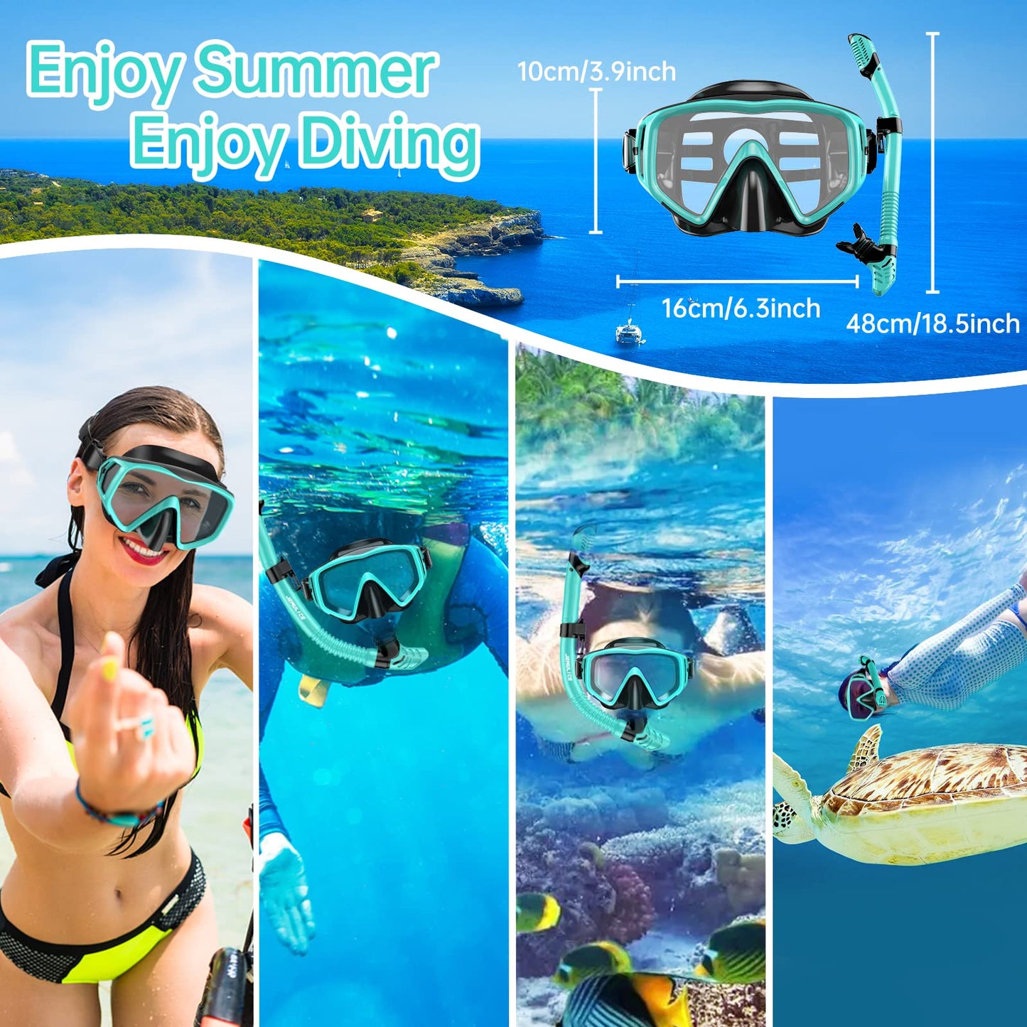 JEMULICE Adult Snorkel Set, with diving mask and dry snorkel for men and women, anti-leak & anti-fog tempered glass mask for diving, snorkeling, and swimming.