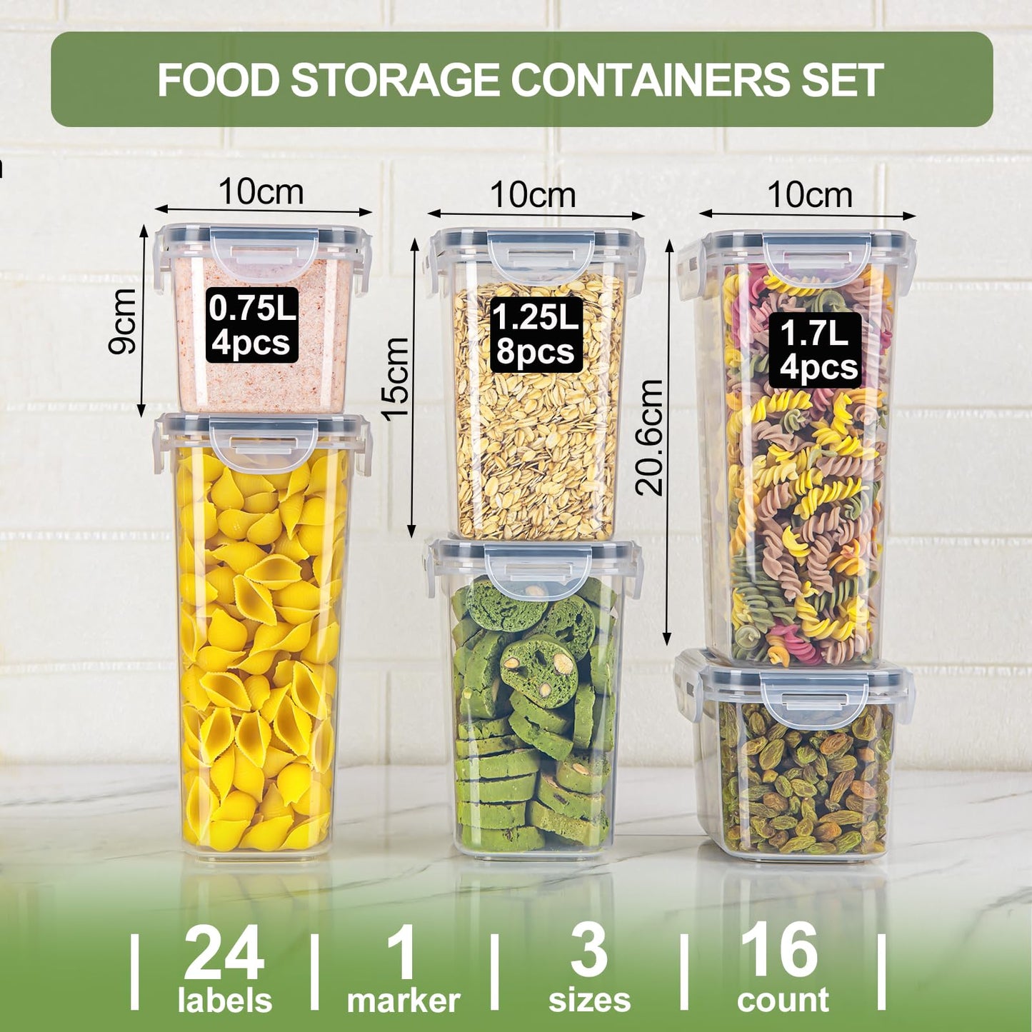 Airtight food storage containers set of 8 with lids, BPA free, total capacity 14L, kitchen storage boxes, moth-proof kitchen organizers for cereal, granola, flour, with labels.
