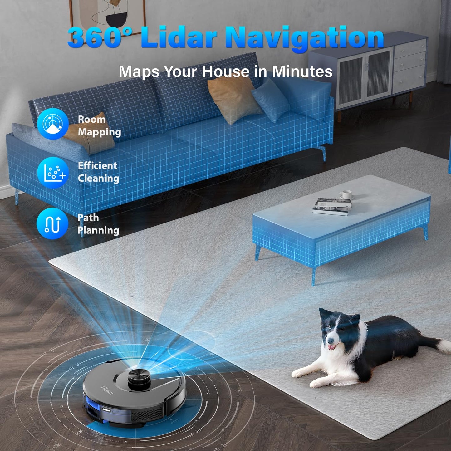 Tikom robot vacuum with mopping function, L8000 vacuum robot with LiDAR navigation, 45dB robot vacuum cleaner, 150 mins max, 14 no-go zones, 20 virtual walls, good for pet hair, carpet, hard floors.