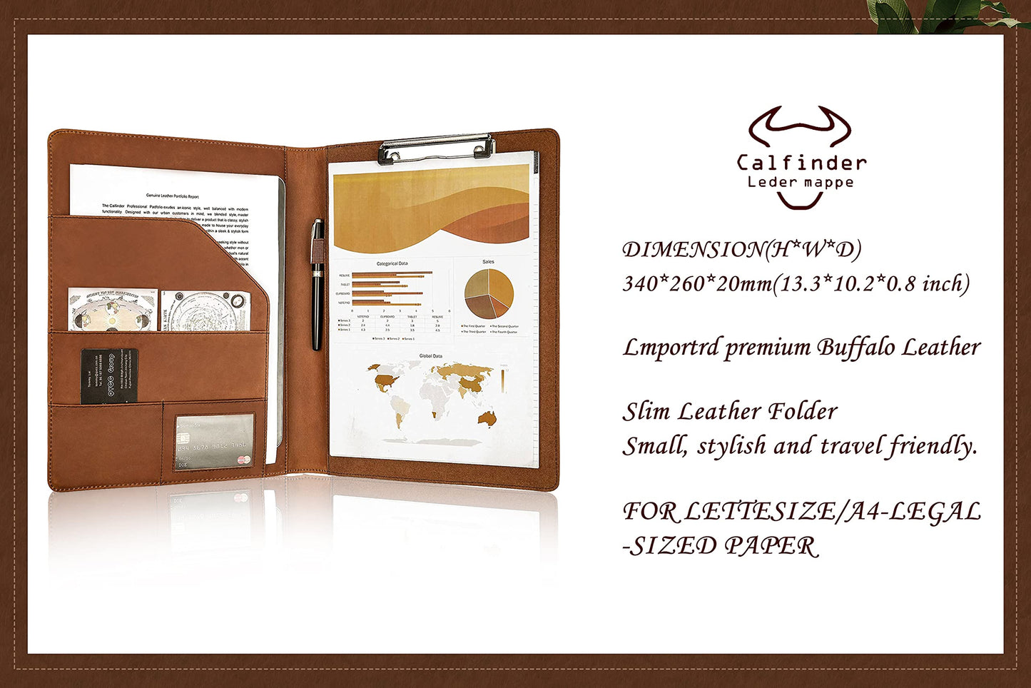Calfinder A4 leather writing pad, slim leather conference folder with A4 pad, clipboard folder document holder with A4 clipboard, file folder for office school/work colleagues, gift, brown.