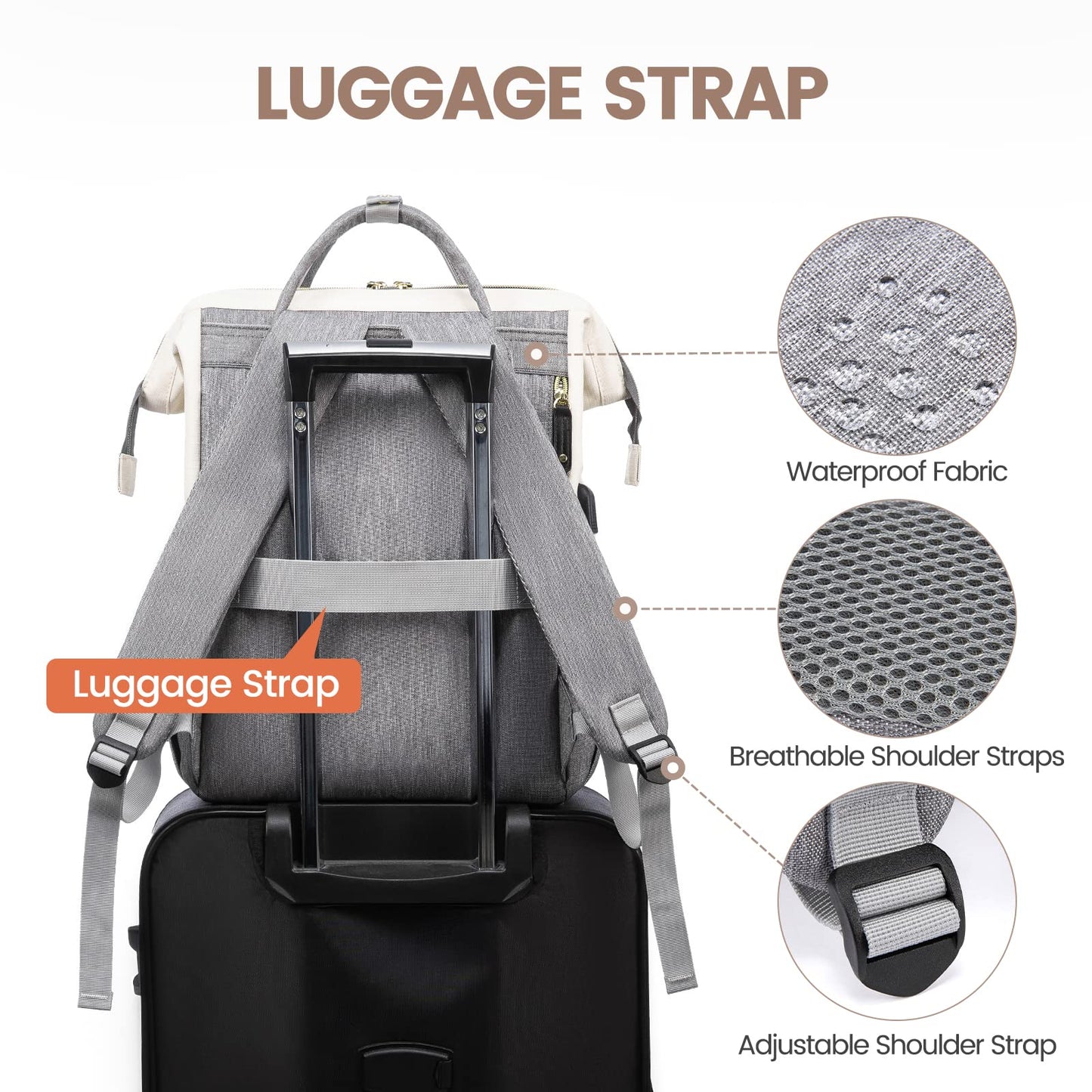 LOVEVOOK laptop backpack for women with 15.6 inch laptop compartment, suitable for girls, teenagers, and college students. This waterproof backpack is perfect for school, travel, university, business, and work in beige and gray.