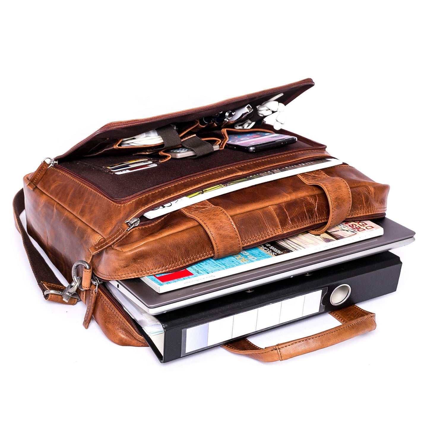 ALMADIH leather laptop bag briefcase BRUNO deluxe - premium business bag shoulder bag men's messenger work bag shoulder bag document suitcase loop brown (BRUNO antique)
