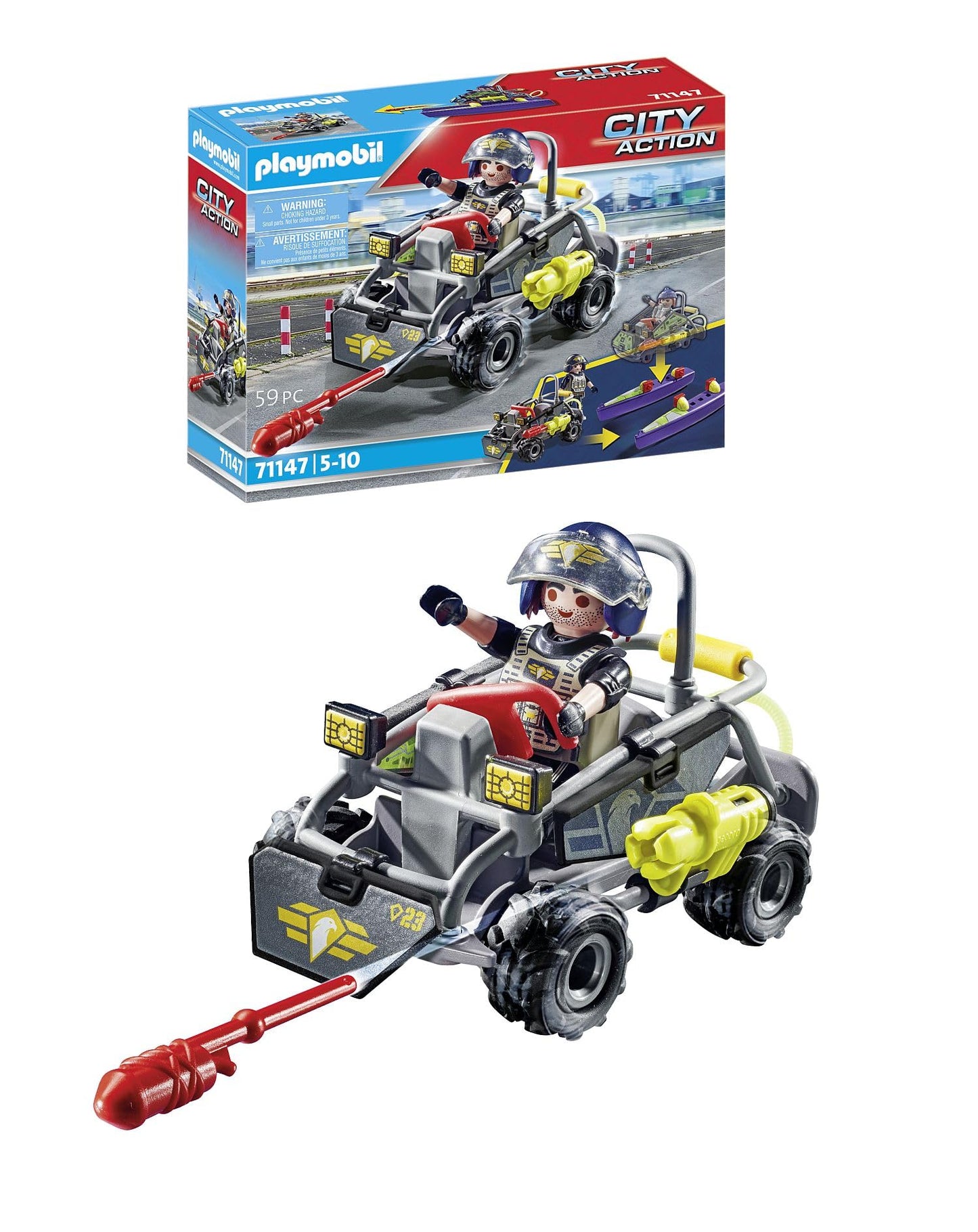 PLAYMOBIL City Action 71147 SWAT Multi-Terrain Quad, convertible SWAT speedboat, toy for kids ages 5 and up.