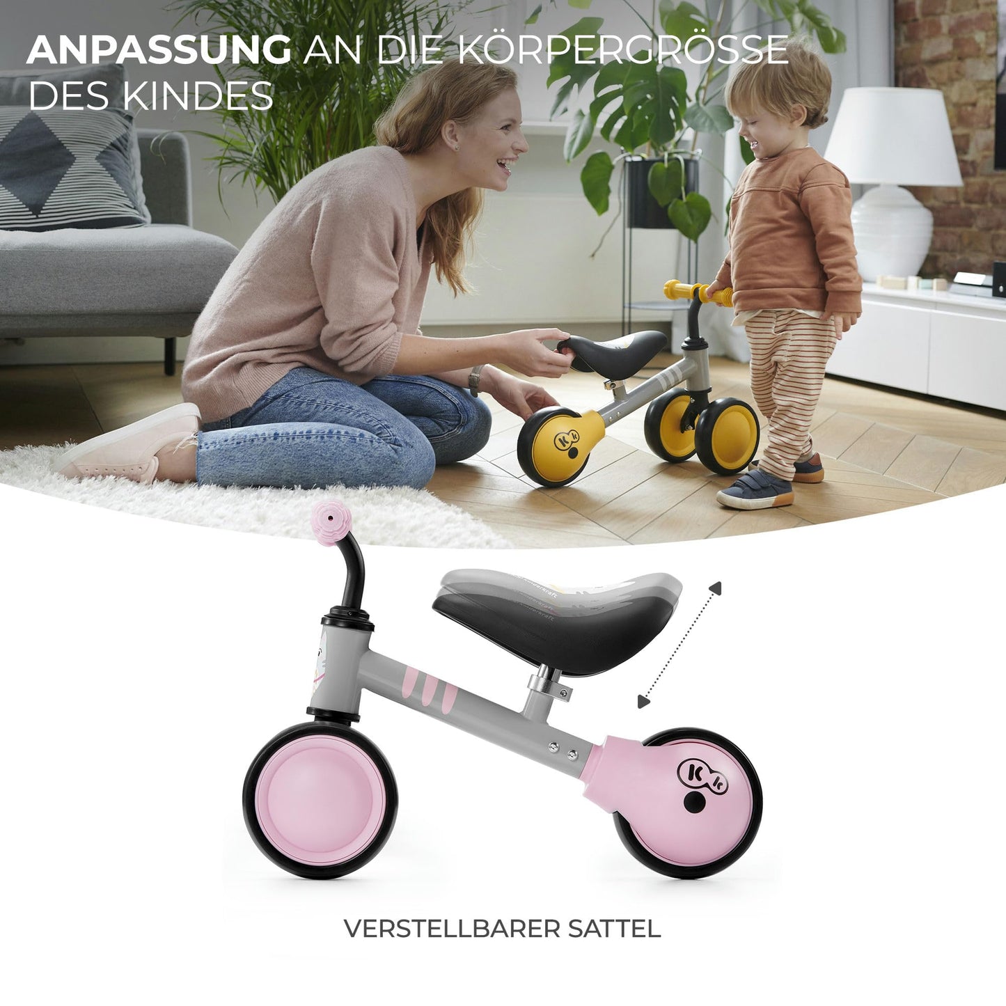 Children's balance bike CUTIE, learning bike, metal construction, modern design, safe construction, for children aged 1 year and up, pink color.
