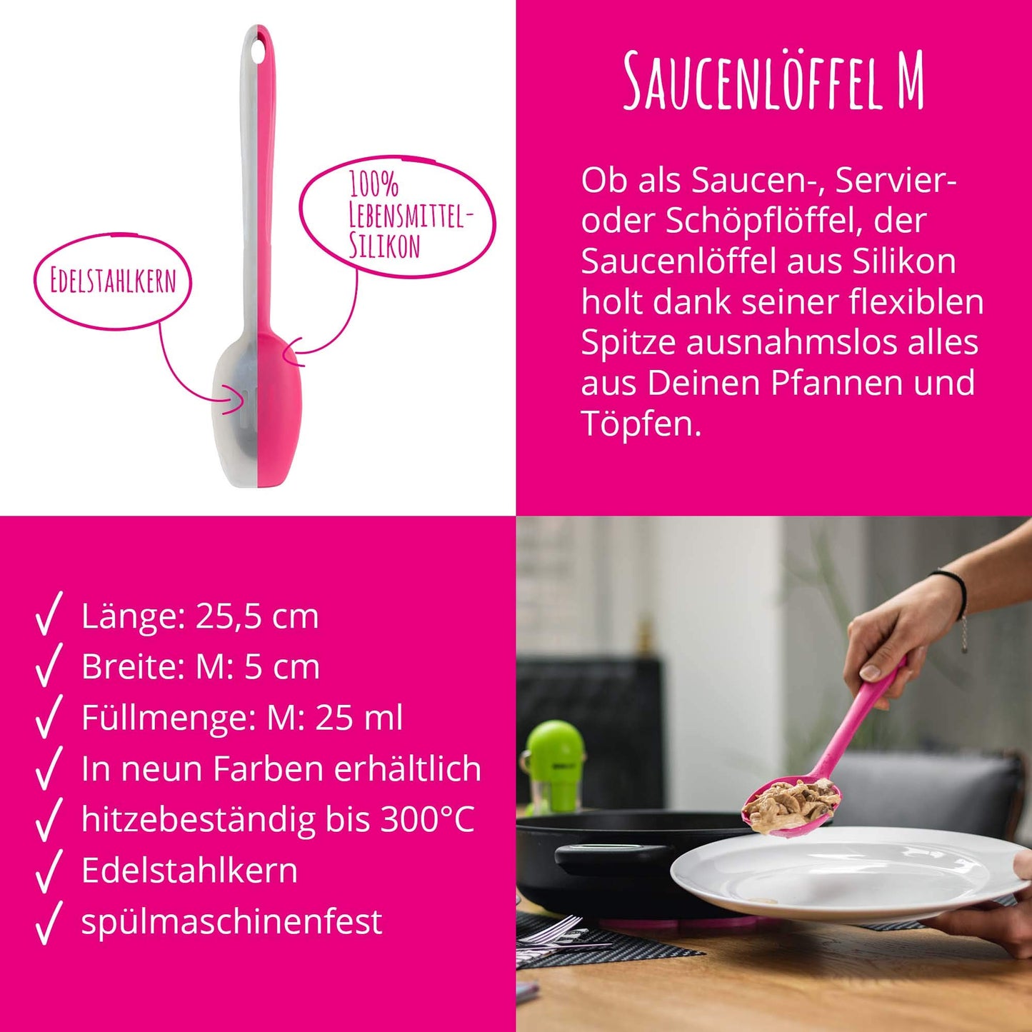 Kitchen helper set from Kochblume - design turner S & gravy spoon S & ladle S & flex spoon S 4-piece set | Premium silicone | Heat-resistant | Dishwasher safe | Color: pink.