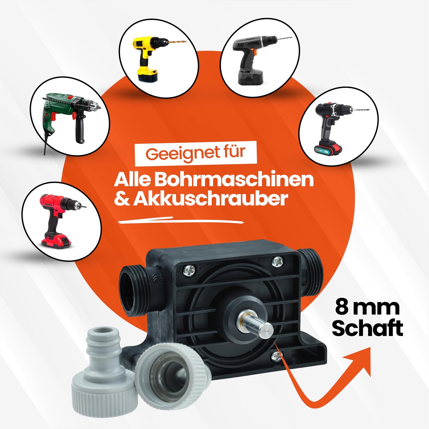 REXXER Water Pump (Set) - Drill pump/Cordless screwdriver pump - ready for immediate use with 2m hose, clamps, & 2x hose couplings (900 l/h)
