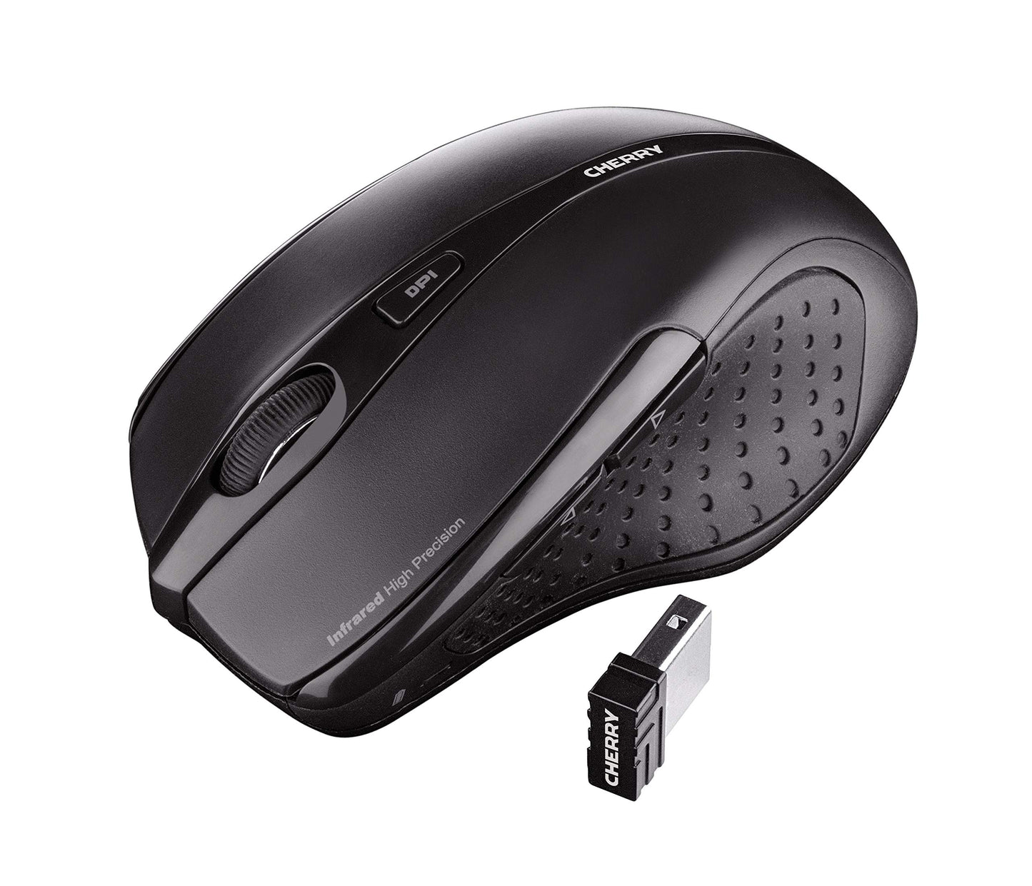 CHERRY MW 3000, Wireless ergonomic mouse for right-handers, 2.4 GHz, 6 buttons, optical sensor, rubberized side grips, battery powered, black.