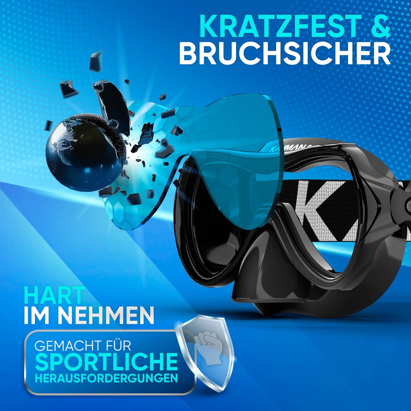 KAIMANA® Snorkel Set for adults with tempered safety glass (diving mask & dry snorkel), Comfortable adult diving mask with silicone or fabric strap.