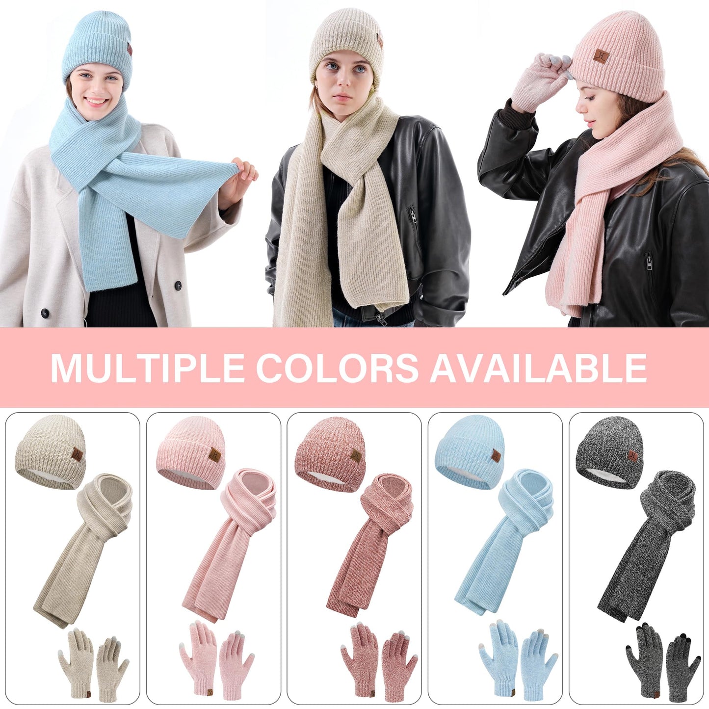 ZASFOU Women's Winter Hat Scarf Touchscreen Gloves Set Thermal Beanie Knit Tube Scarf Winter Gloves Gift for Women