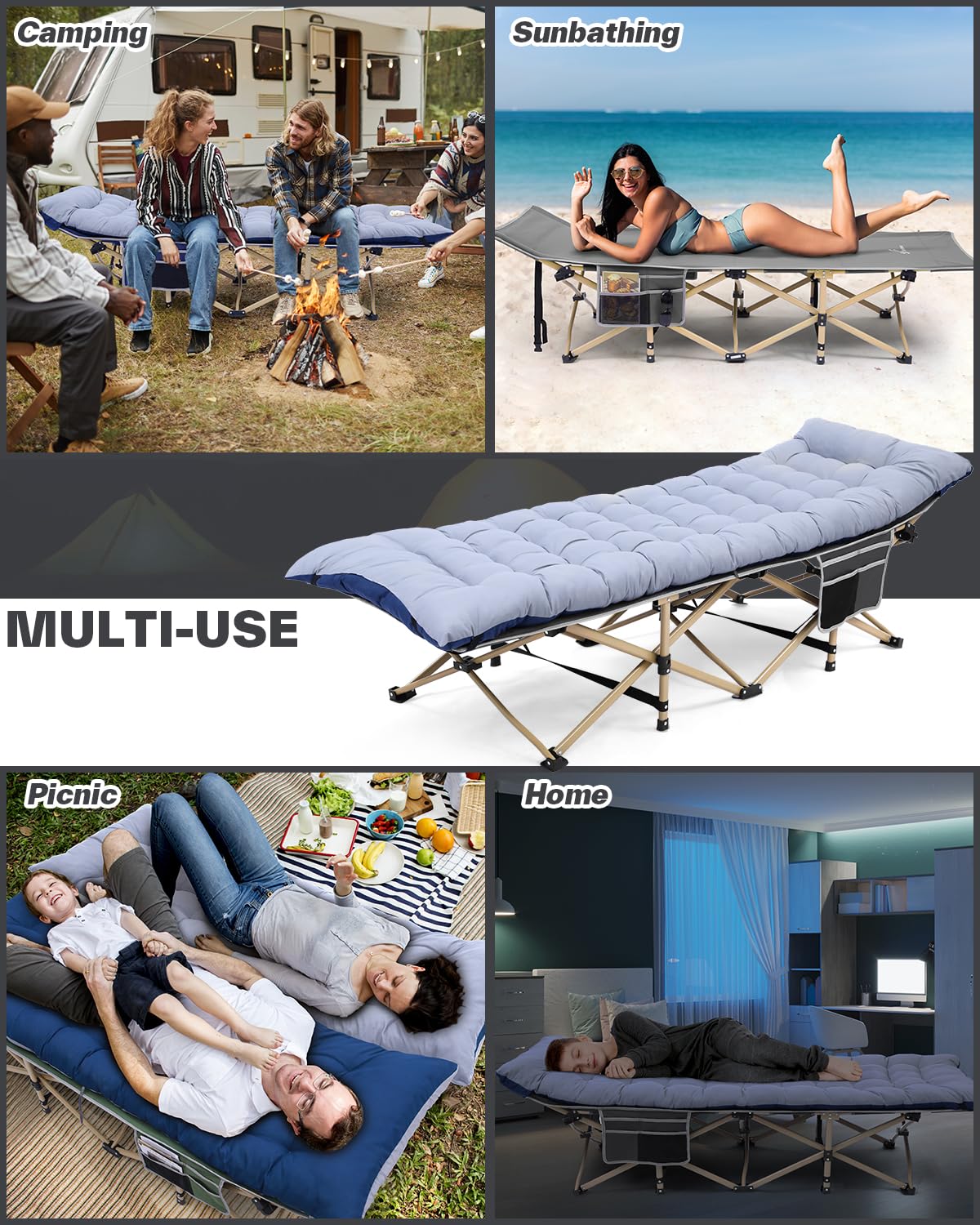 Sportneer folding camp bed with pad, 188X71cm, 204KG Camping bed set foldable XXL with collapsible mattress for adults, outdoor, garden, camping, travel, indoor