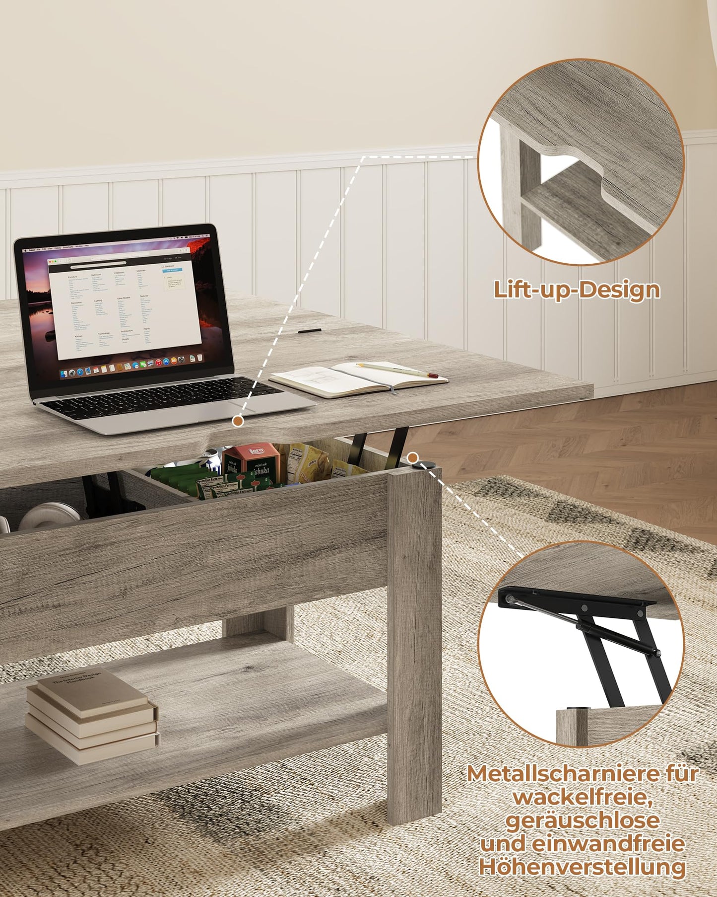 Height-adjustable coffee table, 3-in-1 multifunctional living room table, hidden storage, open shelf, can be used as a dining table, for living room, office, gray