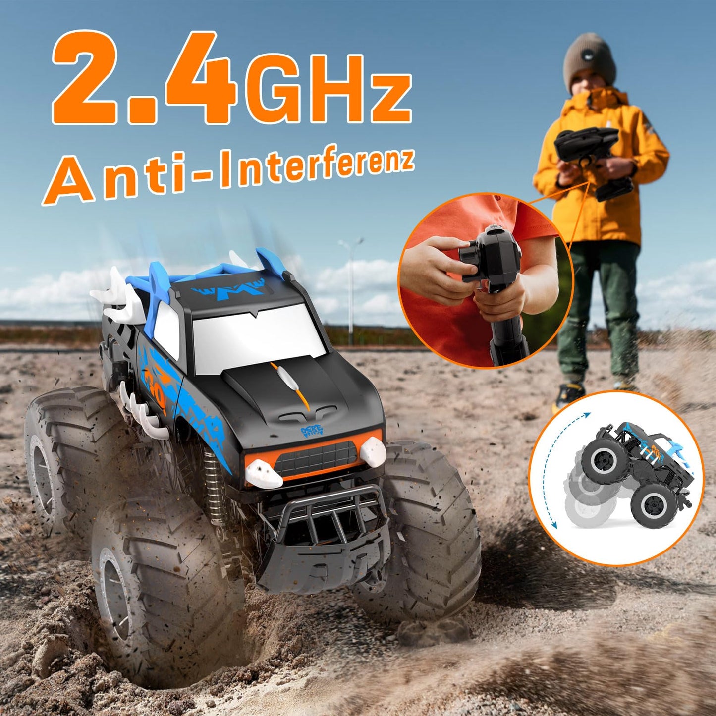 Gindoly Remote Control Car, 2.4 GHz Remote Control Monster Truck, 4WD 15+ km/h Hobby Offroad RC Car, Waterproof Terrain Vehicle with 2 Batteries, Toy for Kids aged 6-12 years.
