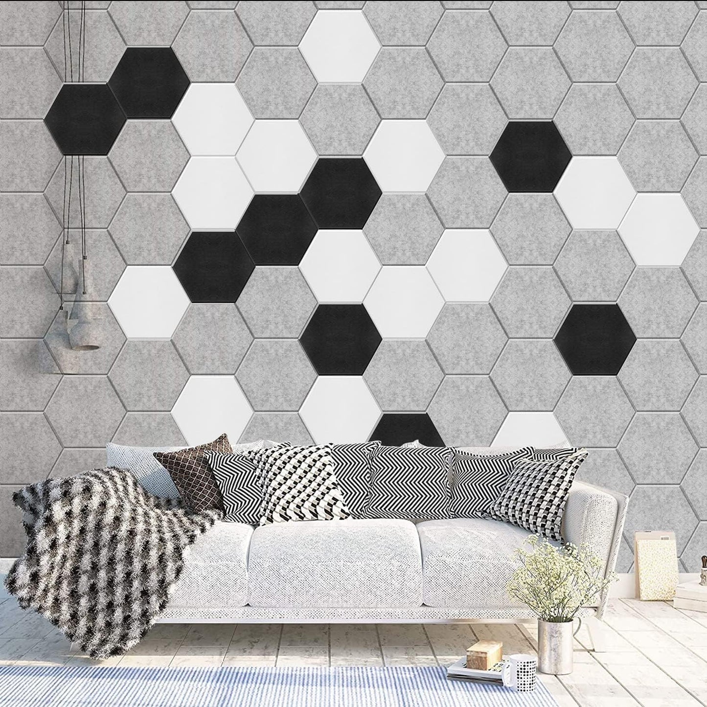 Hexagon acoustic panels, soundproofing wall, 12 pieces, high density acoustic panels for ceiling/door/wall decoration and sound treatment, soundproofing panels (30x26x0.9cm)