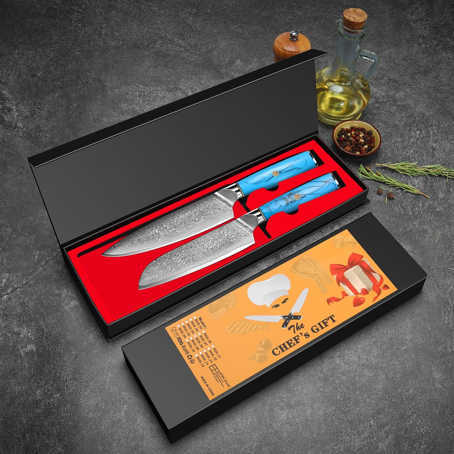 Home safety 2-piece damascus knife set, damascus santoku knife set kitchen knife set made of 67 layers of VG-10 damascus steel, professional damascus chef knife set with ergonomic natural resin handle, gift box.