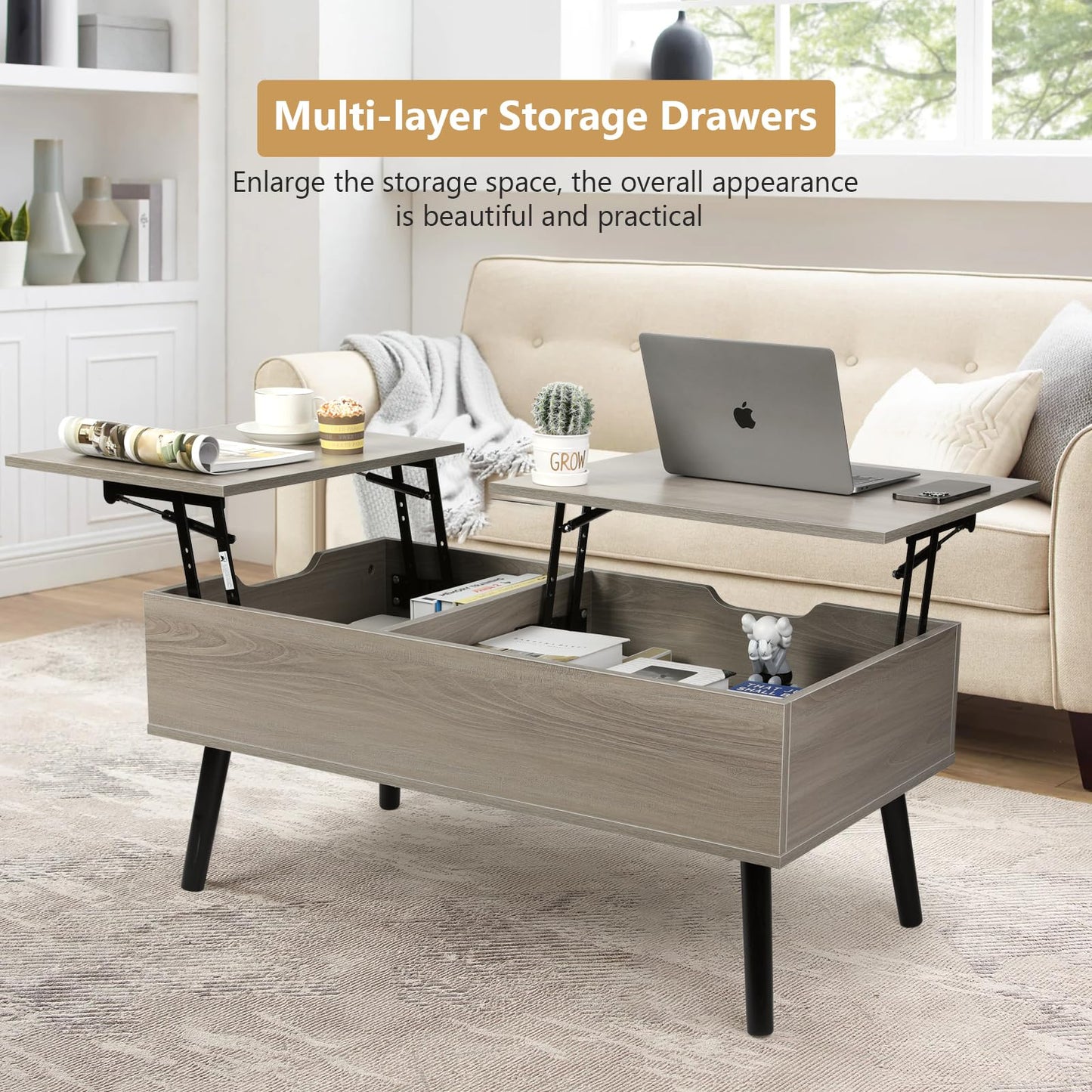 VOWNER coffee table, adjustable height, retractable, hidden storage compartment, double lift top, side table, light gray.