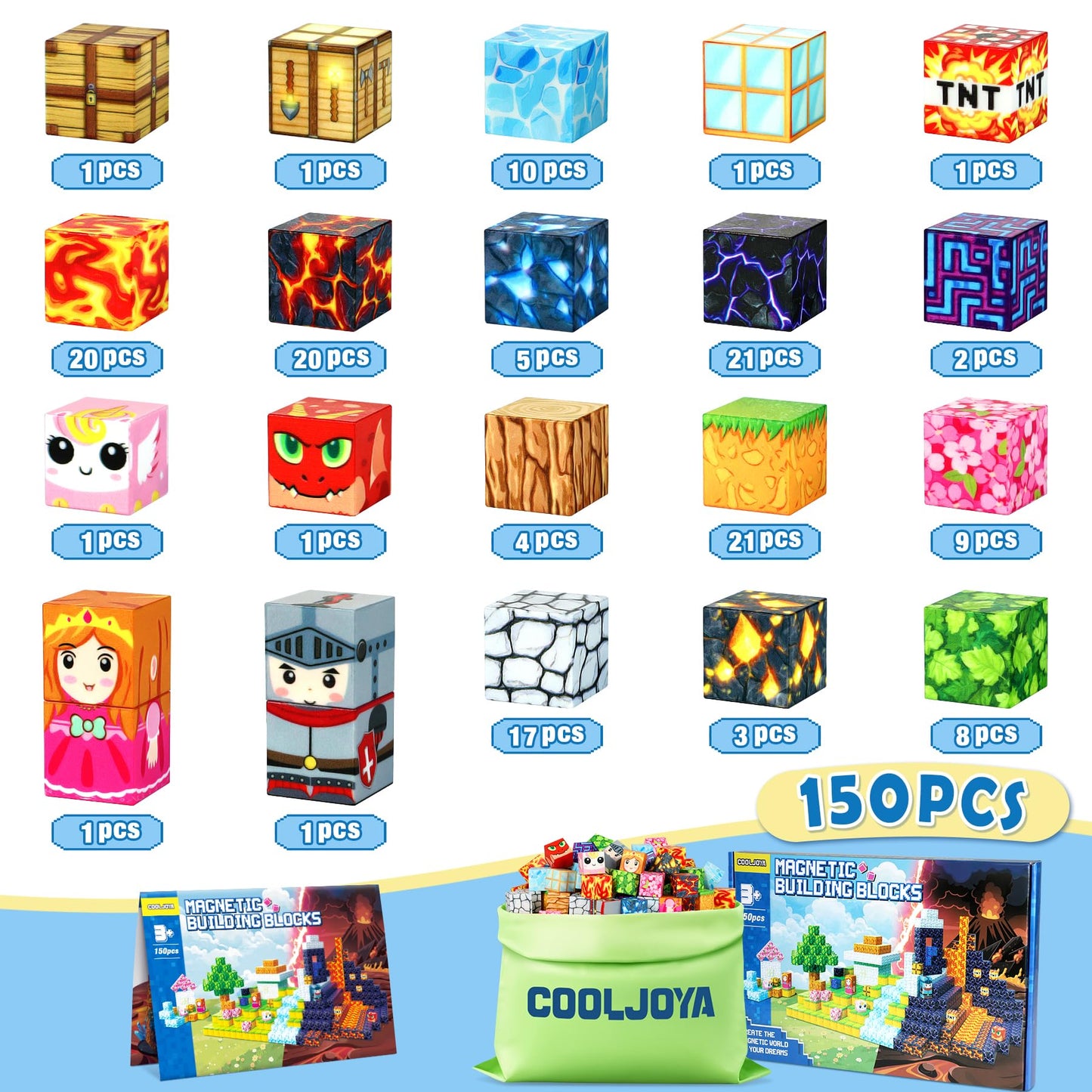 COOLJOYA Magnetic Building Blocks, 150 Pieces Magnetic Construction Toy for Kids Ages 4+, Magnetic Blocks for Children 3-9 Years Old, Stackable and portable.