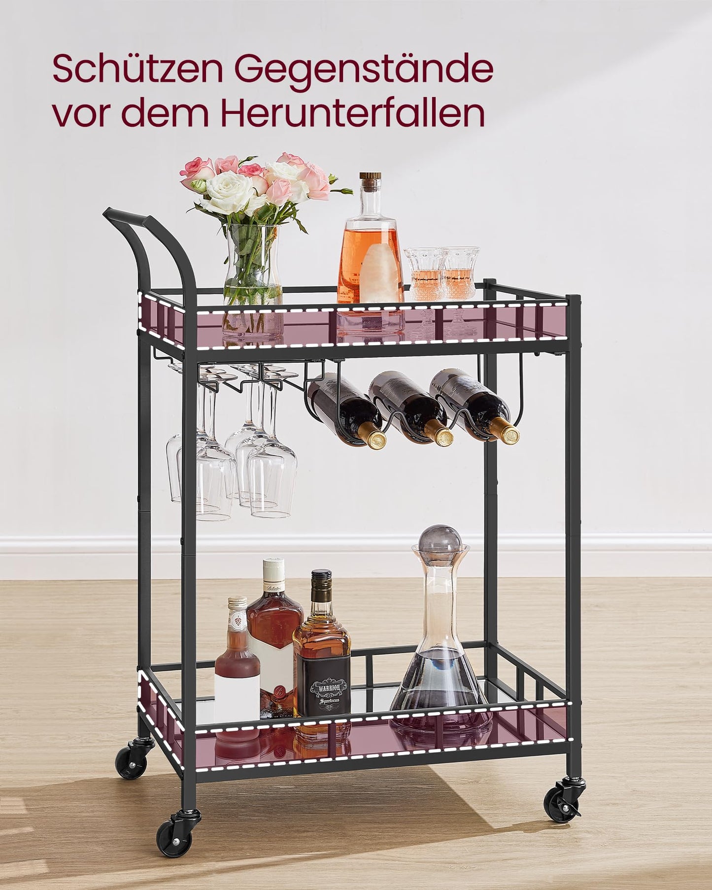 VASAGLE Bar Cart, Rolling Cart, Glass Holder, 2 Mirrored Glass Shelves, Wine Cart, for Kitchen, Dining Room, Bar, Black LRC092B62