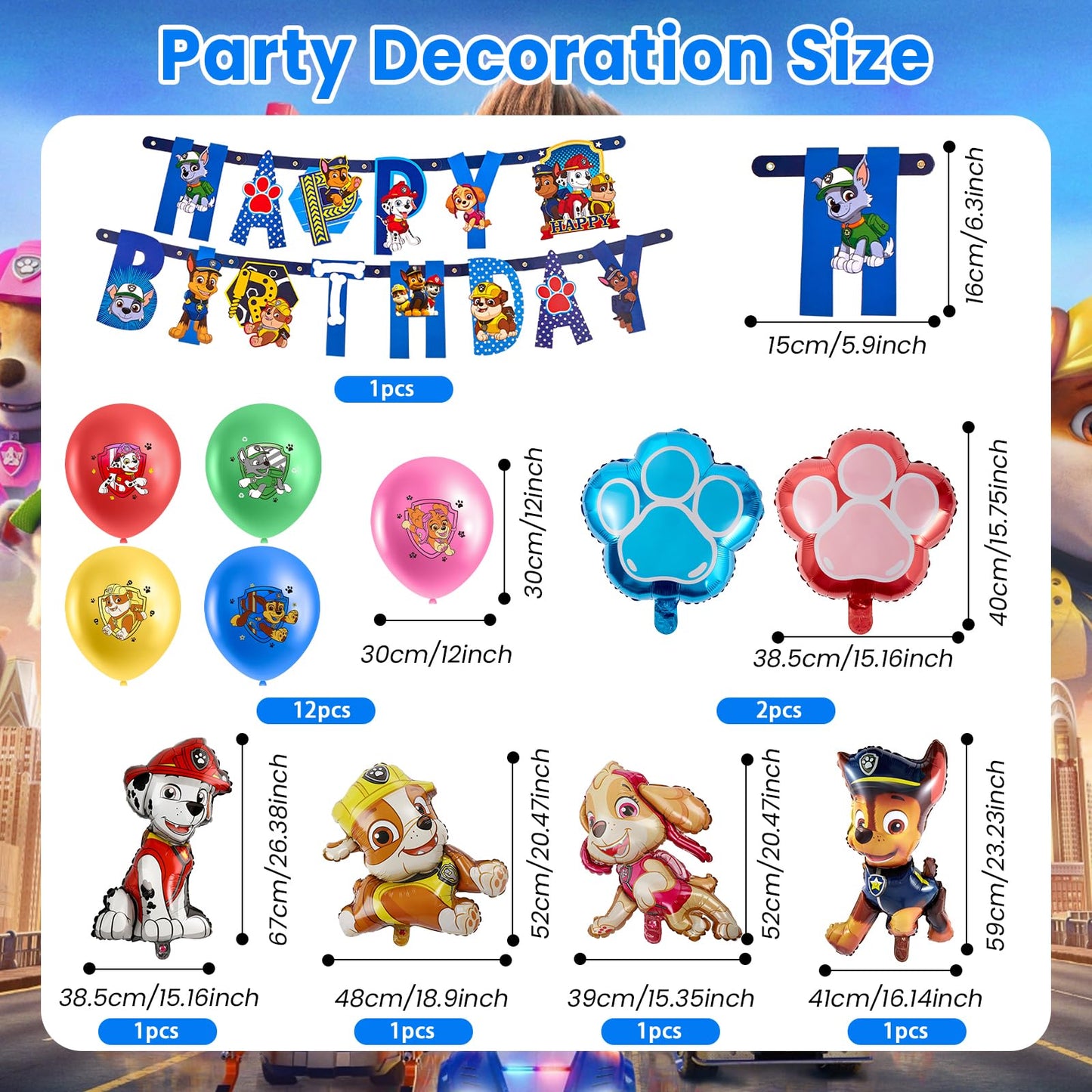 105-piece paper plate set for kids' birthday party with Paw Dog Patrol decoration - includes reusable cups, napkins, tablecloth, and partyware for 10 people.