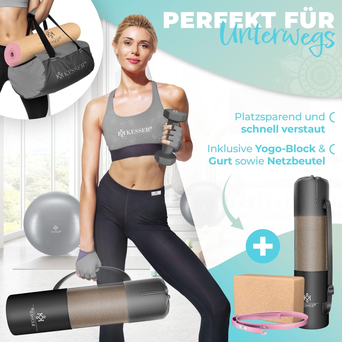 KESSER® Cork Yoga Mat with Carry Strap Bag & Yoga Block Gymnastic Mat Yoga Mat Non-Slip Natural Rubber TPE Fitness Mat, 183 x 62 Exercise Mat for Fitness Sports Mat, Gymnastics extra thick