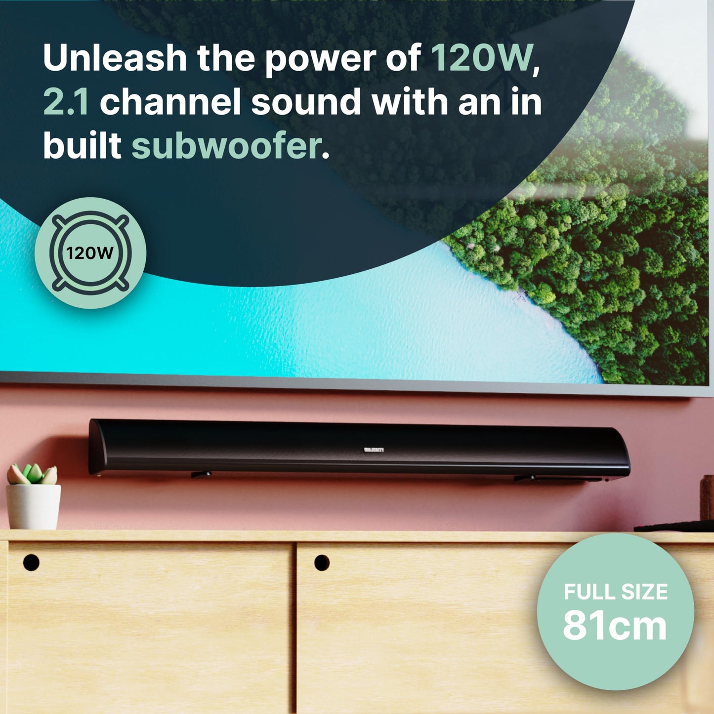 MAJORITY Snowdon Soundbar for TV | 120W 2.1 speaker with integrated subwoofer | Bluetooth | 81CM Sound Bar (White)