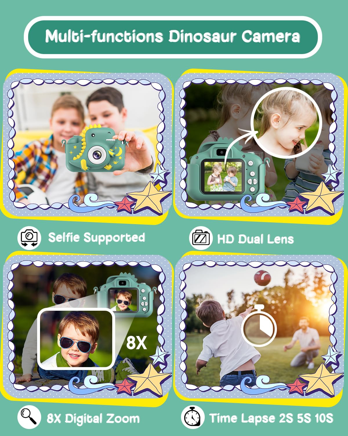 GREENKINDER Children's Camera, 2.0" Screen Kids Camera with 32GB Card, 20MP & 1080P HD Selfie Digital Camera for Children, Dinosaur Gifts for 3-12 Year Old Boys and Girls