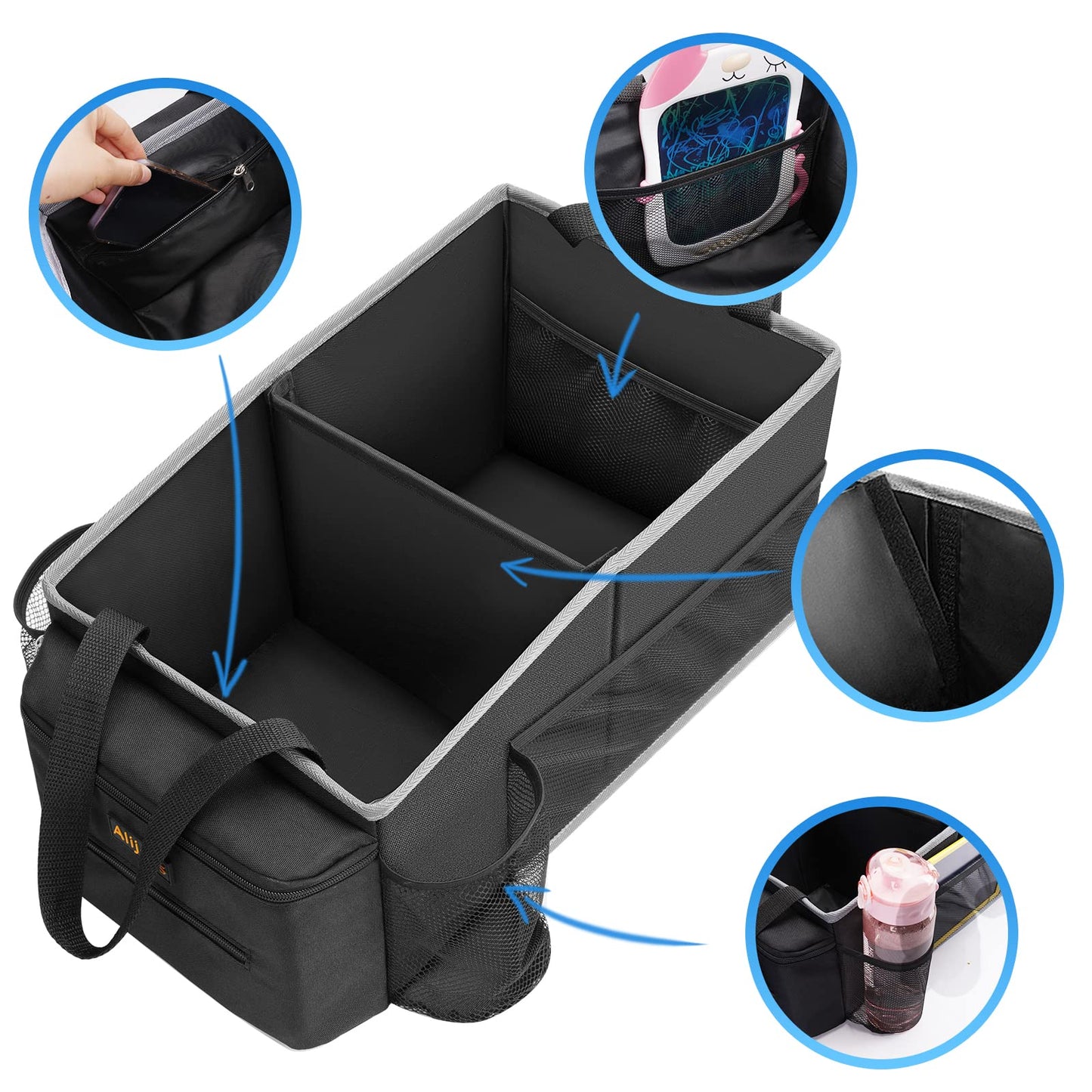 Alijees Car Organizer - Foldable storage boxes for the back seat or trunk. Storage box for diapers, toys, etc. next to the child's car seat.