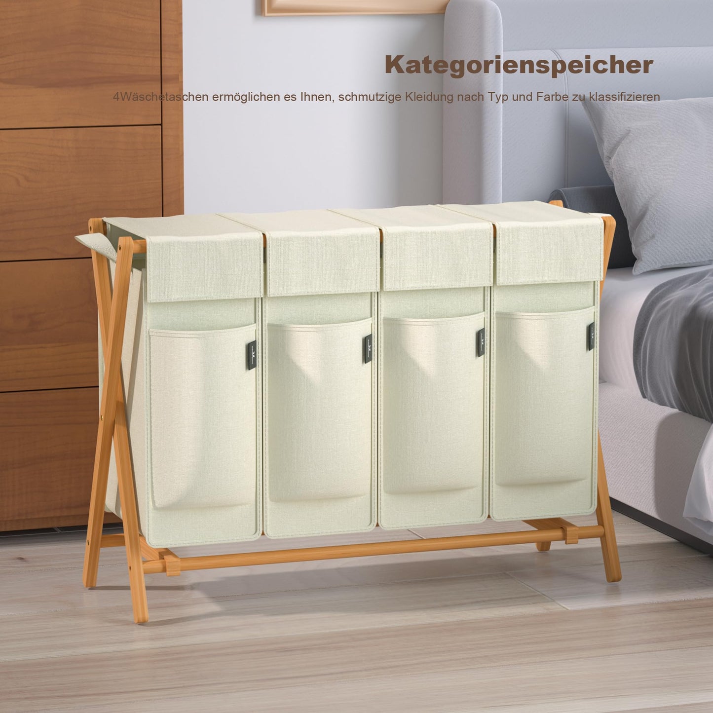 AdelDream 200L laundry basket with 4 compartments - Bamboo laundry collector & sorter, laundry sorting system, X-shaped laundry box, Beige