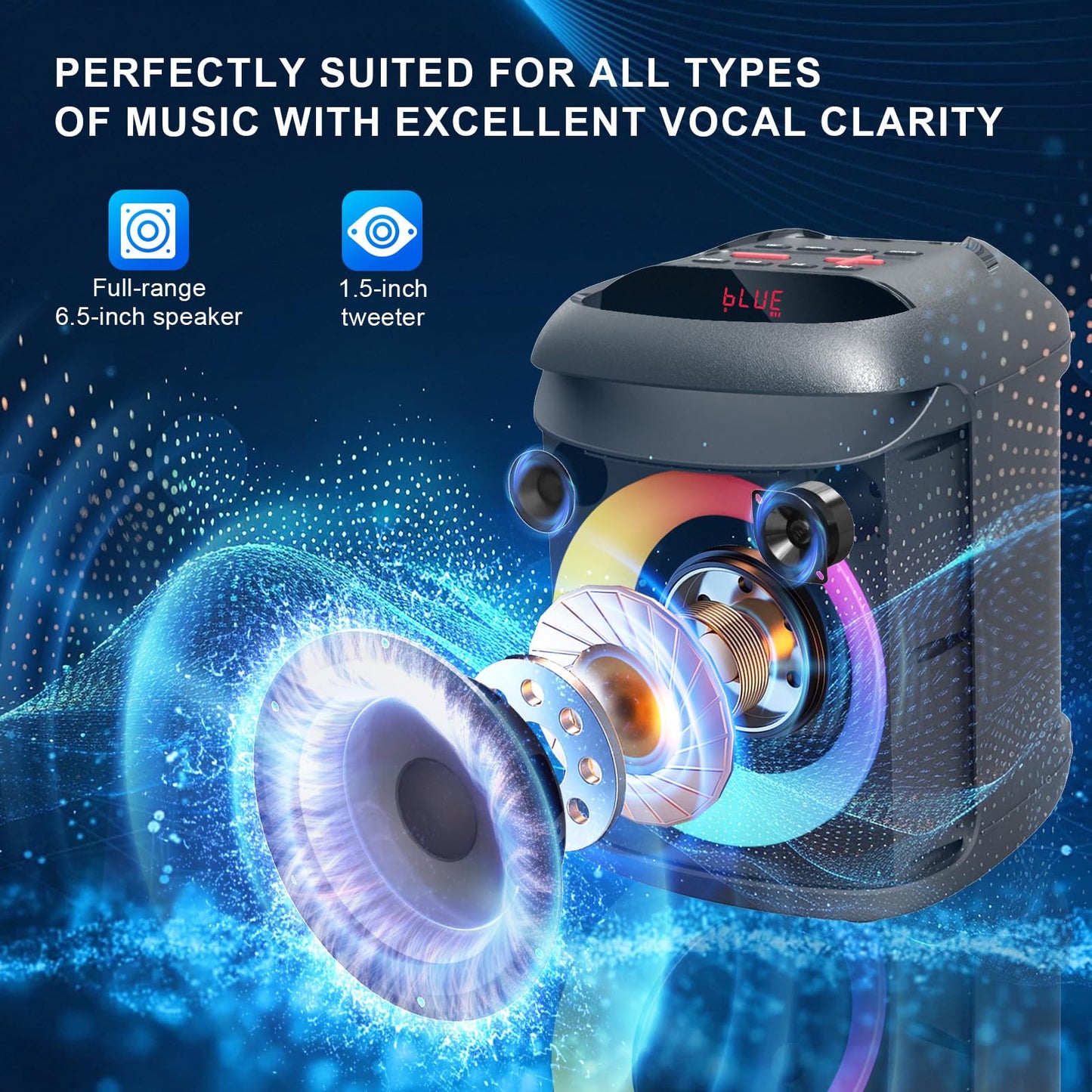 AIMAX Karaoke Machine with 2 Wireless Microphones, Portable Bluetooth Speaker for Adults and Kids, Party Music Box Mobile PA System with RGB Light Supports TF/USB, TWS, AUX in, Black.
