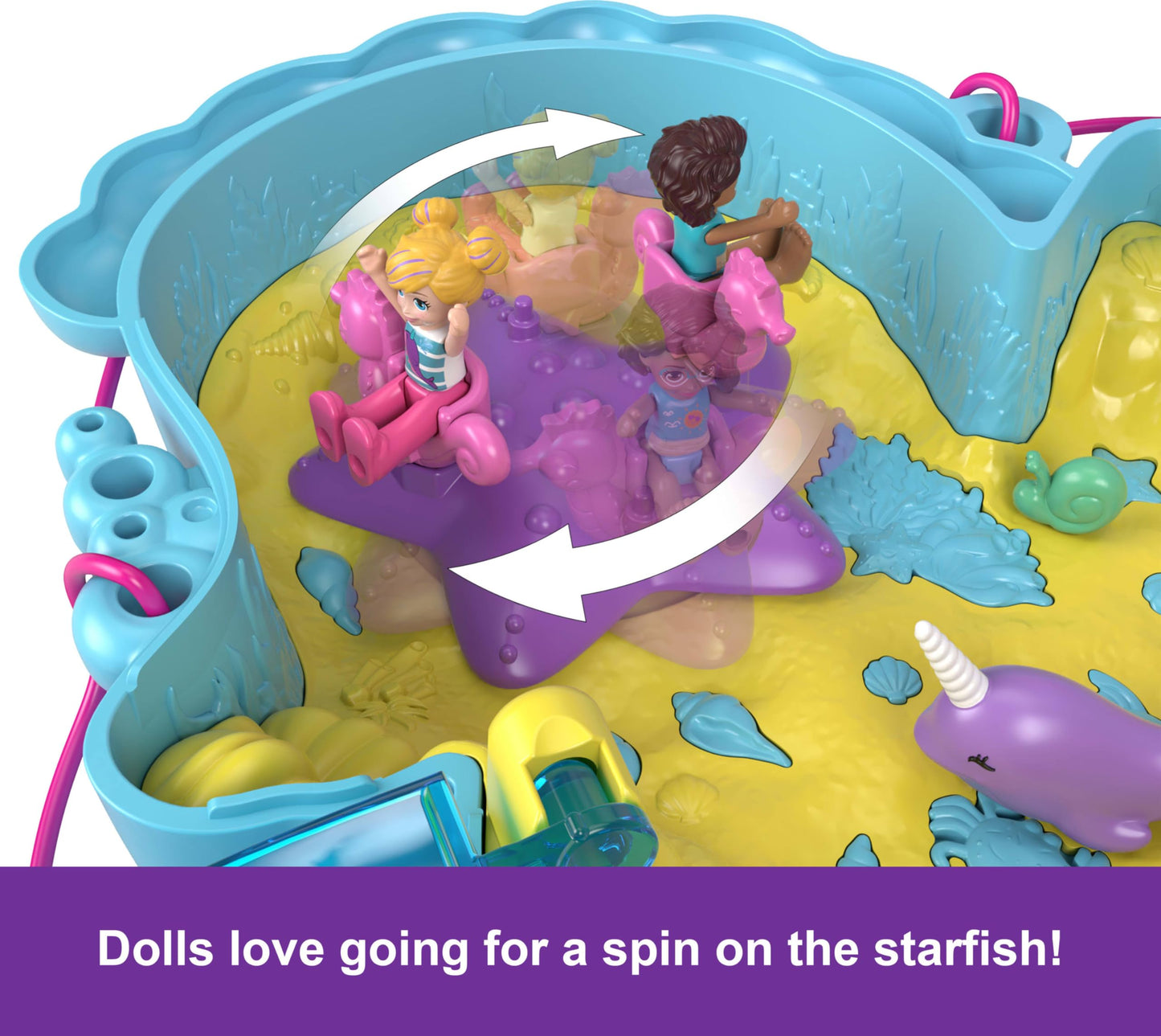 Polly Pocket dolls and playset with animals and 13 accessories, 2-in-1 Daddy and Me seahorse case, portable bag and animal toys, featuring Shani, HWP03.
