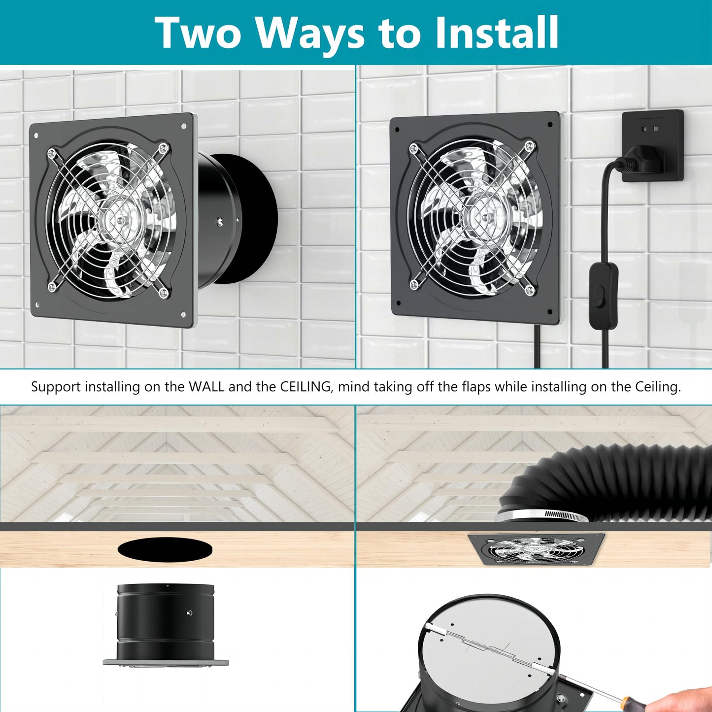 HG Power Ø150mm Exhaust Fan 525m³/h Bathroom Ventilation Fan Quiet with Backdraft Damper 38W Powerful Wall Fan with EU Plug for Kitchen Bathroom Garage Basement (Black)