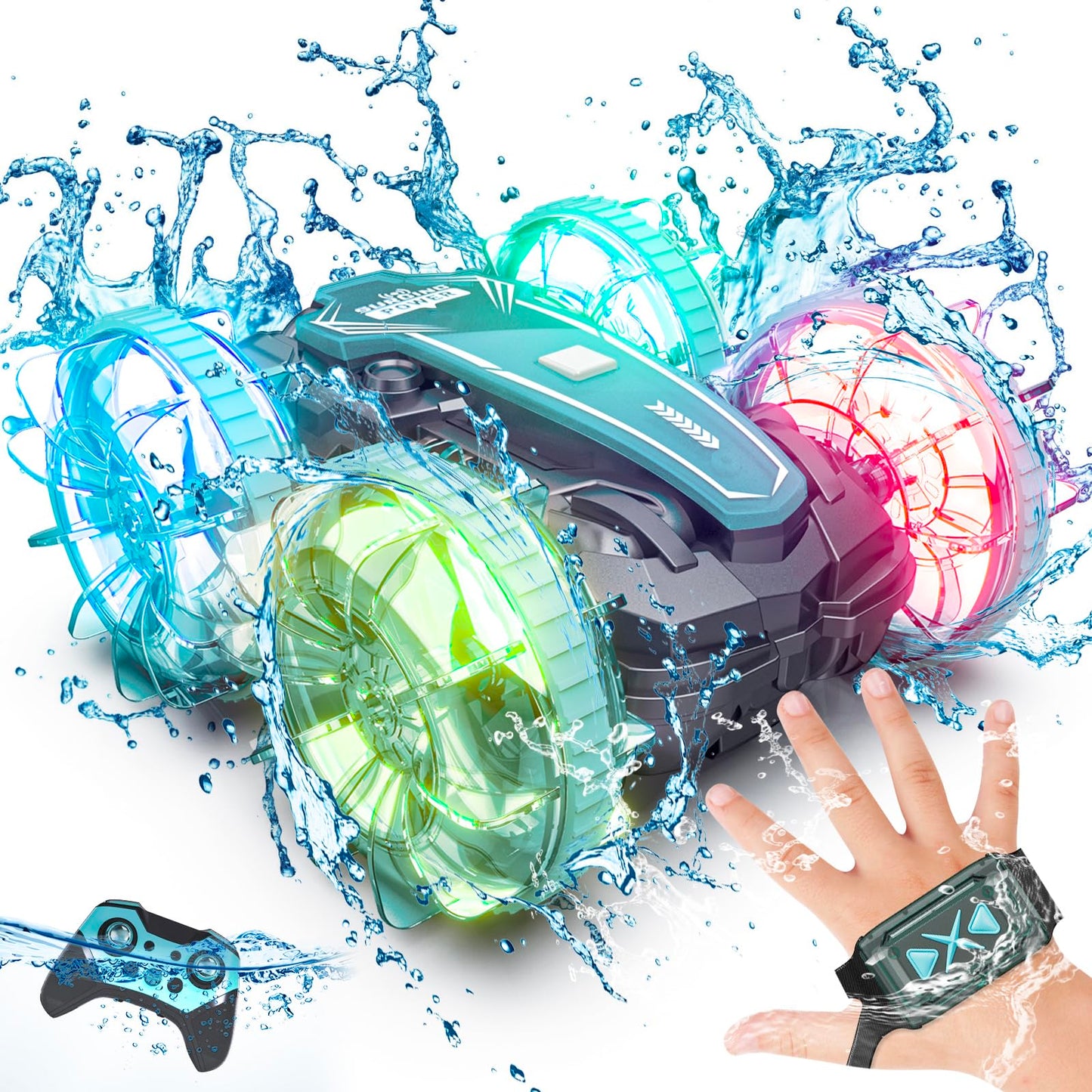 Tecnock Amphibious Remote Control Car, 4WD 360° Rotating Gesture Sensor Stunt RC Car with Lights, Remote Control Boat with Waterproof Remote, Gifts Toys for Ages 3-8+ (with clock)