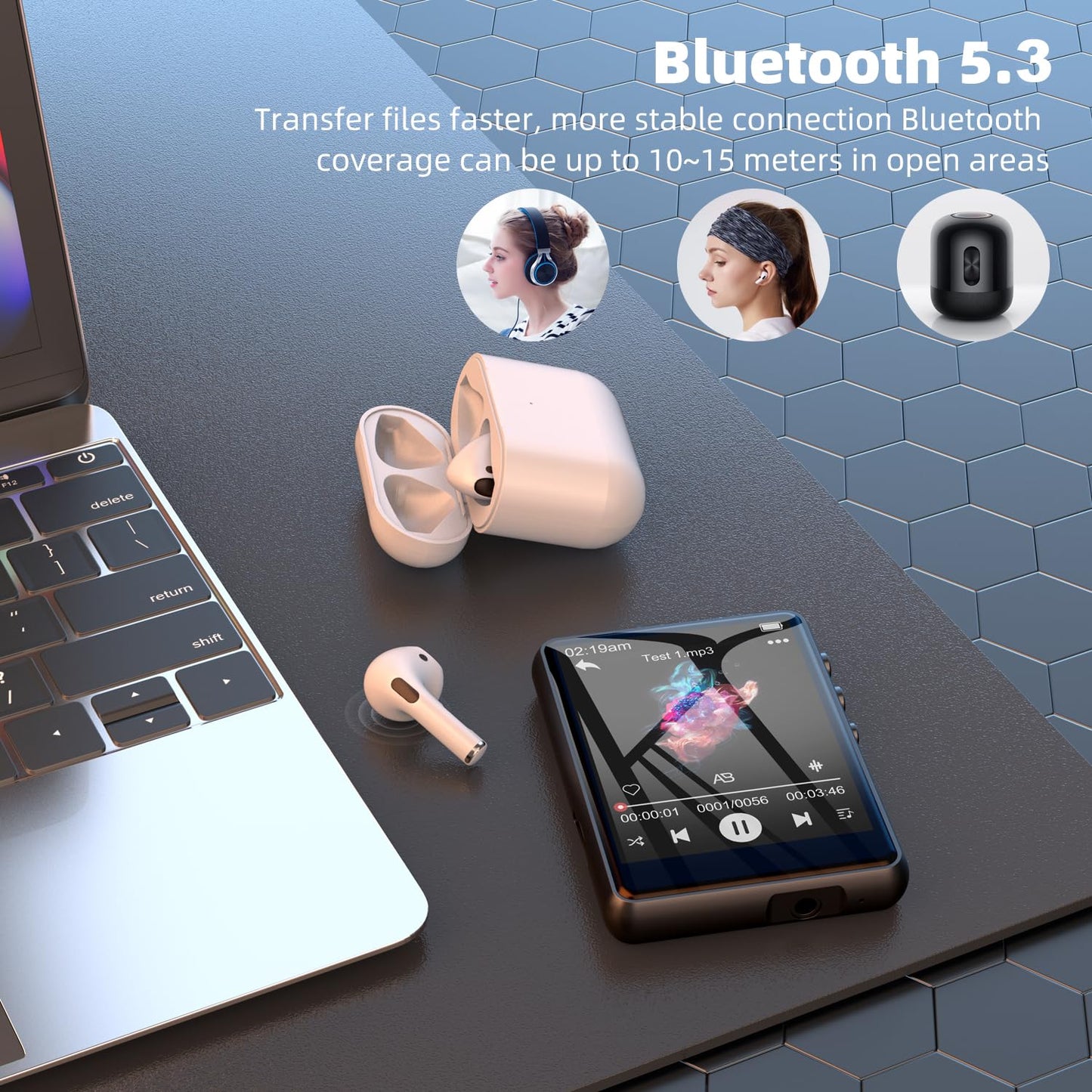 64GB MP3 Player Bluetooth 5.3 2.4" Full Touchscreen Portable MP3 Player with Speaker, Voice Recording, FM Radio, Line Recording Support 128GB Kids Mp3 Player (Black)