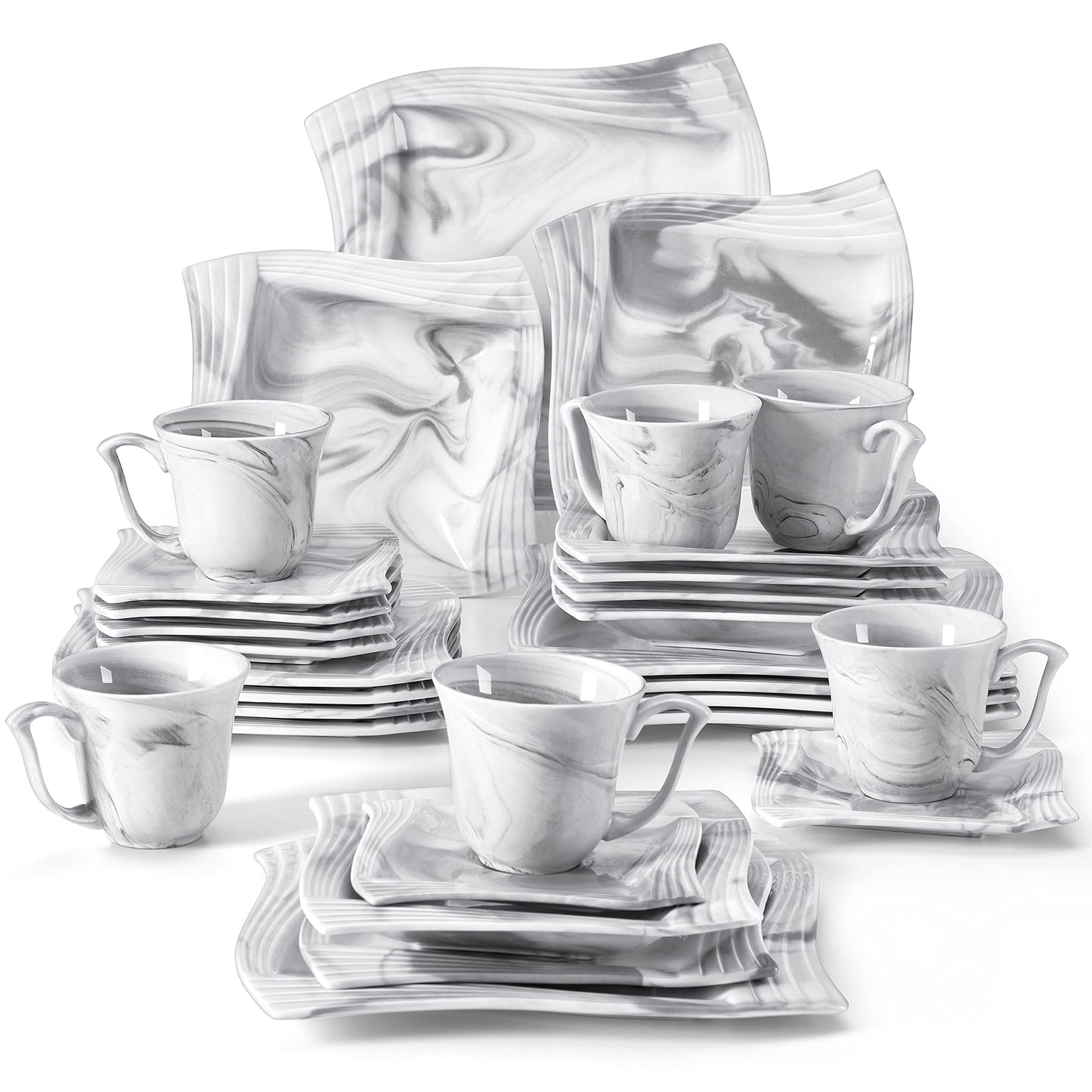 MALACASA, Amparo series, 30-piece marble porcelain dinnerware set with 6 dinner plates, 6 soup plates, 6 dessert plates, 6 coffee cups, and 6 saucers.