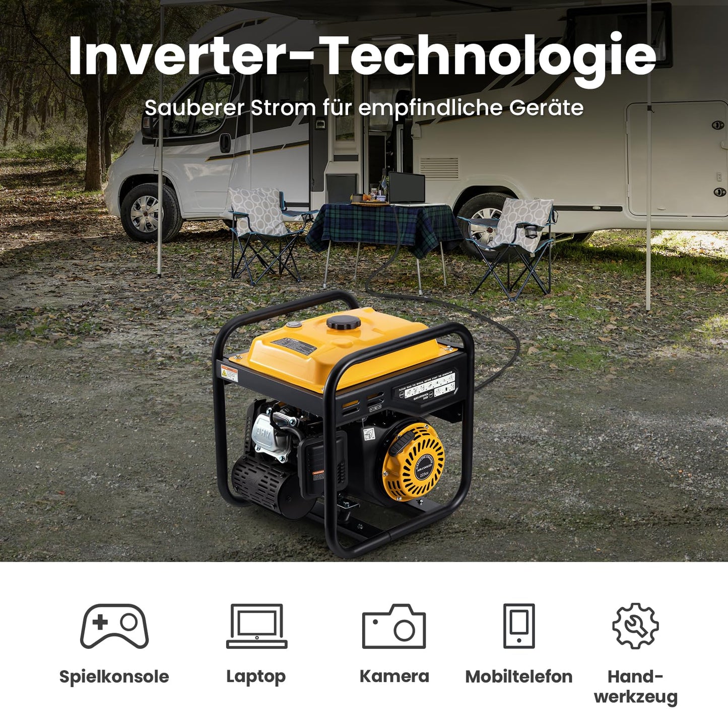 maXpeedingrods Inverter Power Generator 3500W Gasoline 4 Stroke with two 230V sockets Quiet and lightweight as emergency power supply for home, garage, workshop, and construction site.