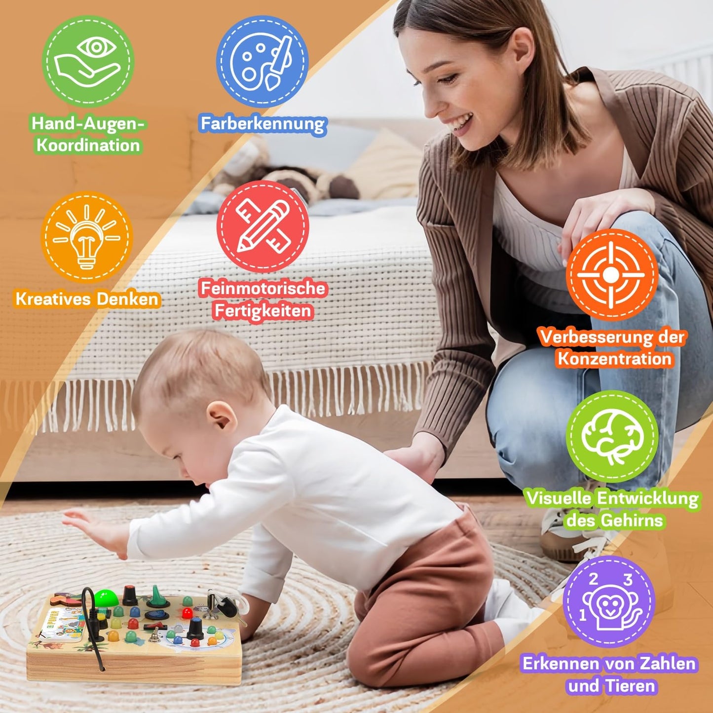 MILFECH Montessori Toy Busy Board with LED Light Switch Activity Board Wooden Toy, 17 LED Motor Skills Toy Sensory Toy Learning Toy for Babies Toddlers Boys Girls aged 1 2 3 4 years