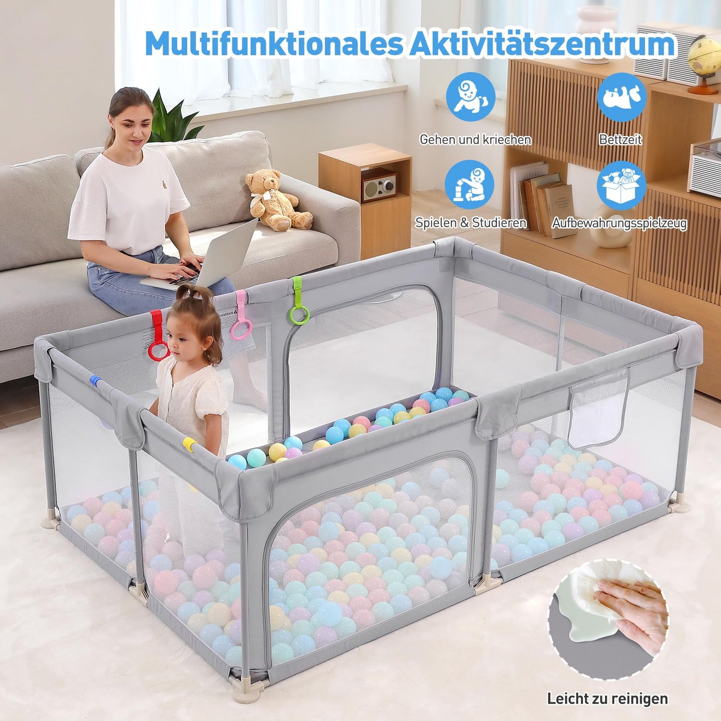 Dripex Playpen Baby 150x200cm, Playard Baby, Playpen with breathable mesh, Playard 300D Oxford Fabric, Playpen, baby playpen, Large Safety Playground, Gray