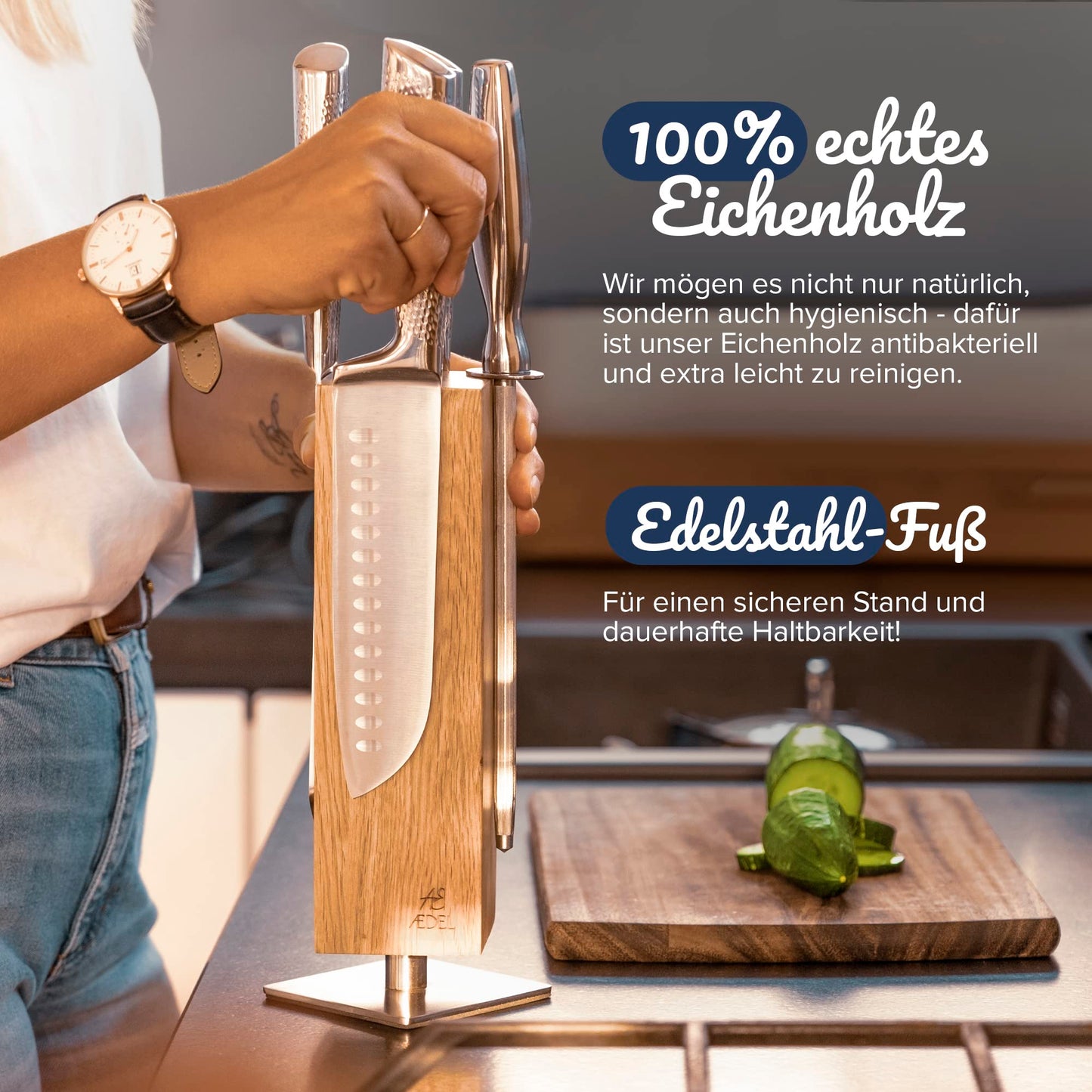 AEDEL Design Premium Magnetic Knife Block Rotating 360 Degrees - Magnetic Knife Holder made of exquisite oak wood - Universal Magnetic Knife Holder Unfilled Wood