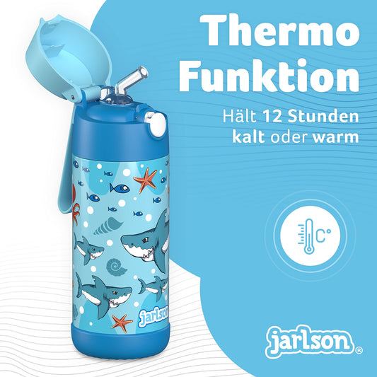 Jarlson® Stainless Steel Kids Water Bottle CHARLI with Straw - 350ml Thermos Flask - TÜV tested - BPA free - leak-proof - Insulated Water Bottle for School, Kindergarten (Sharks)