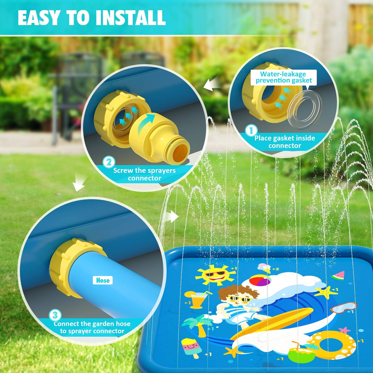 Peradix Splash Pad, 170CM Sprinkler Water Playmat Anti-Slip Splash Play Mat for Summer Outdoor Garden Kids Toy Sprinkler Pool for Baby Party.