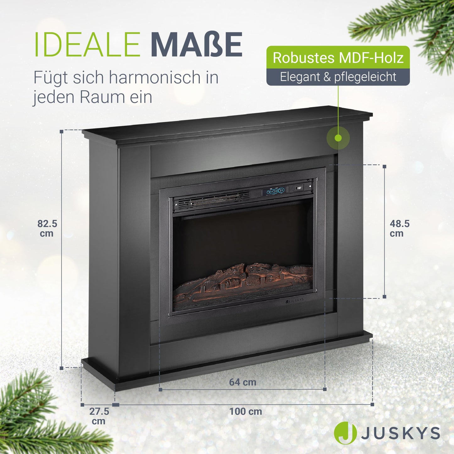 Juskys Electric Fireplace 1000/2000 W with heating, fireplace, flame effect, remote control, LED lighting & timer - Electric Fireplace Stand Fireplace black