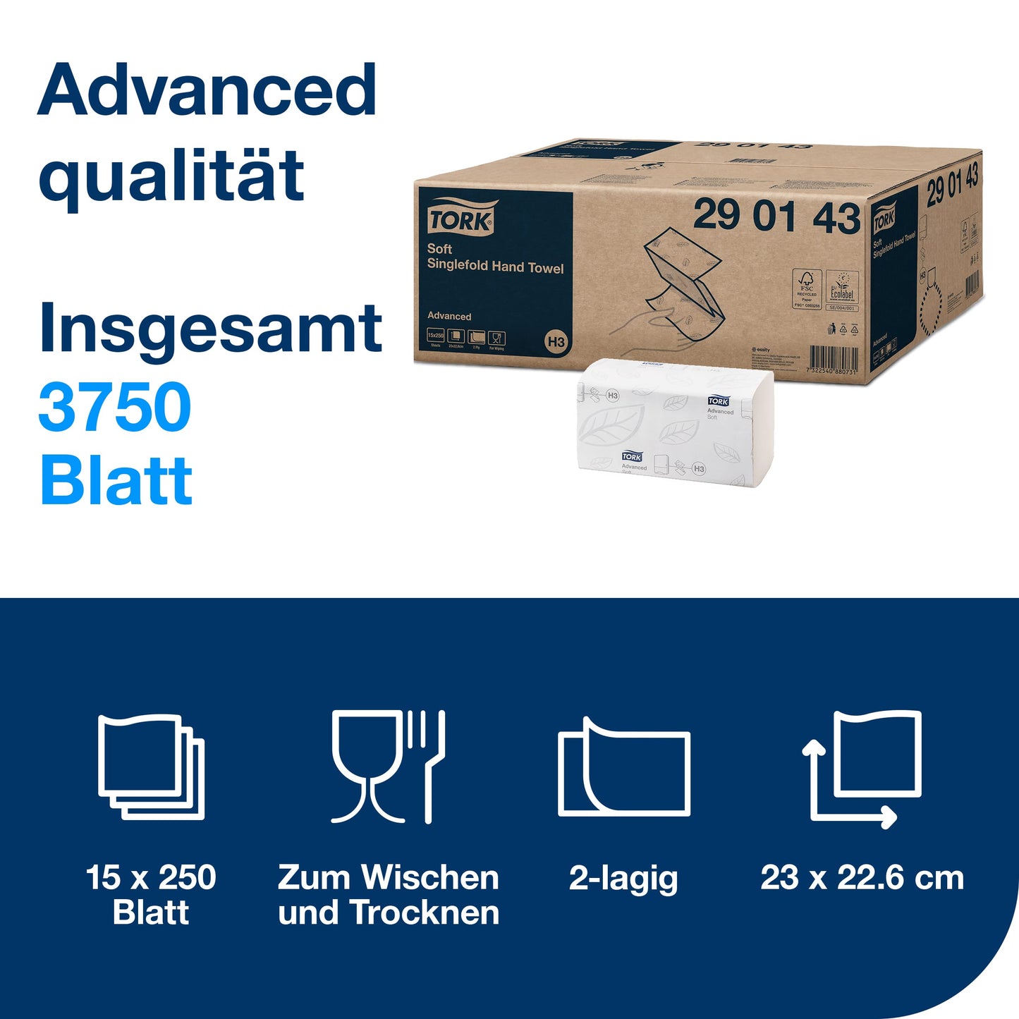 Tork Soft Zigzag Paper Towels Advanced 290143 - H3 Folded Towels for Paper Towel Dispenser - absorbent and tear-resistant, 2-ply, white - 15 x 250 sheets