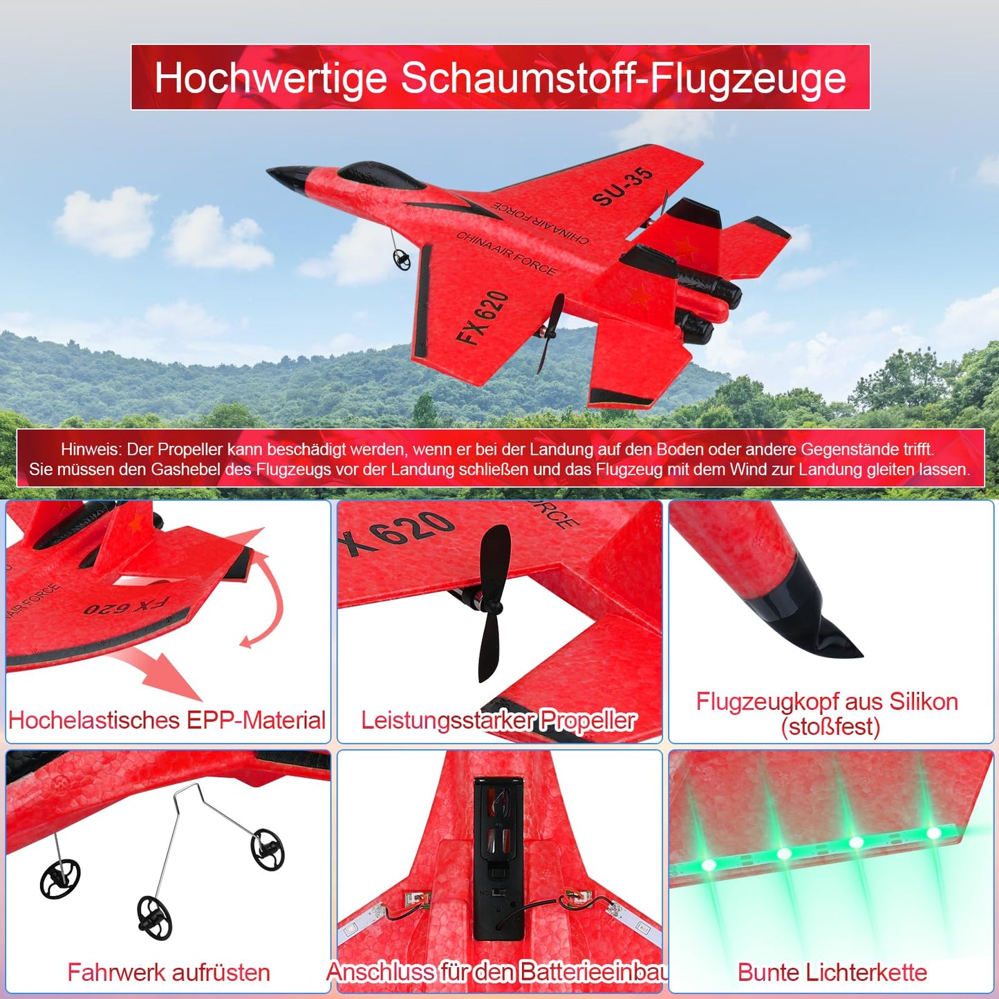 Henakmsl RC Airplane 2.4GHz SU35 Fighter RC Airplane 2CH Remote Control RTF for Beginners, Kids, and Adults, FX620 Airplane Toy with Colored Lights USB Charging Red