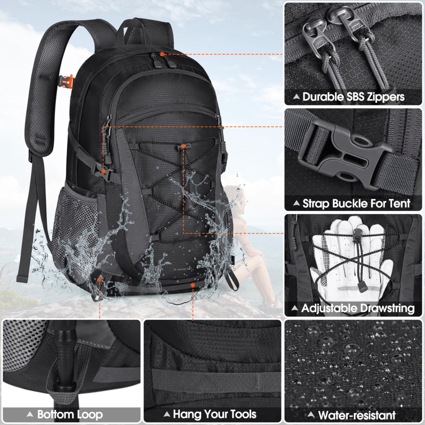 RAINSMORE hiking backpack for men and women 40L waterproof lightweight travel backpack trekking backpack with reflective strips for climbing, cycling, mountaineering, and travel Black