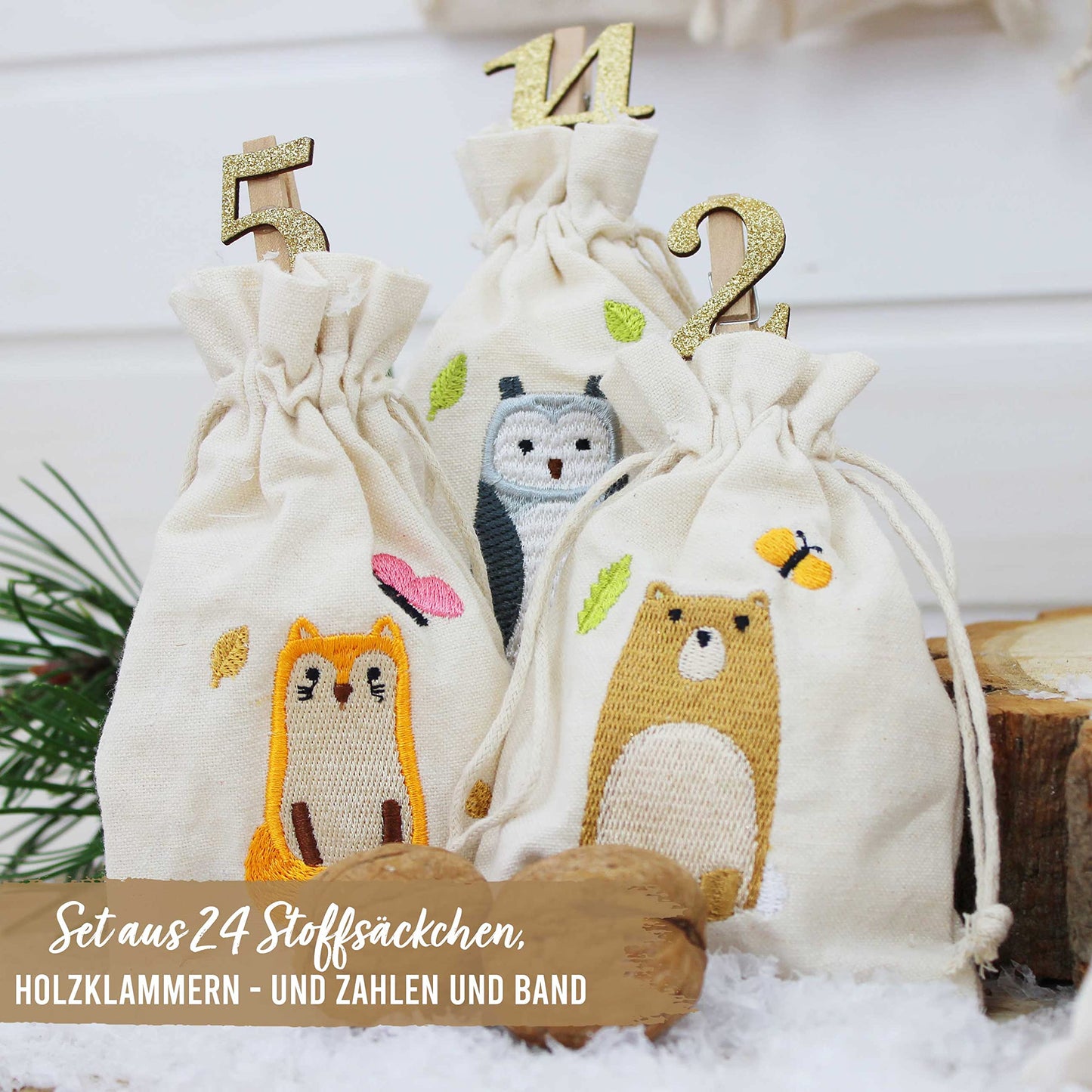 Paper Dragons 24 Advent Calendar Cloth Bags for Filling - with golden wooden numbers - fabric bags for personalizing - gift bags - forest animals embroidered Set No. 27