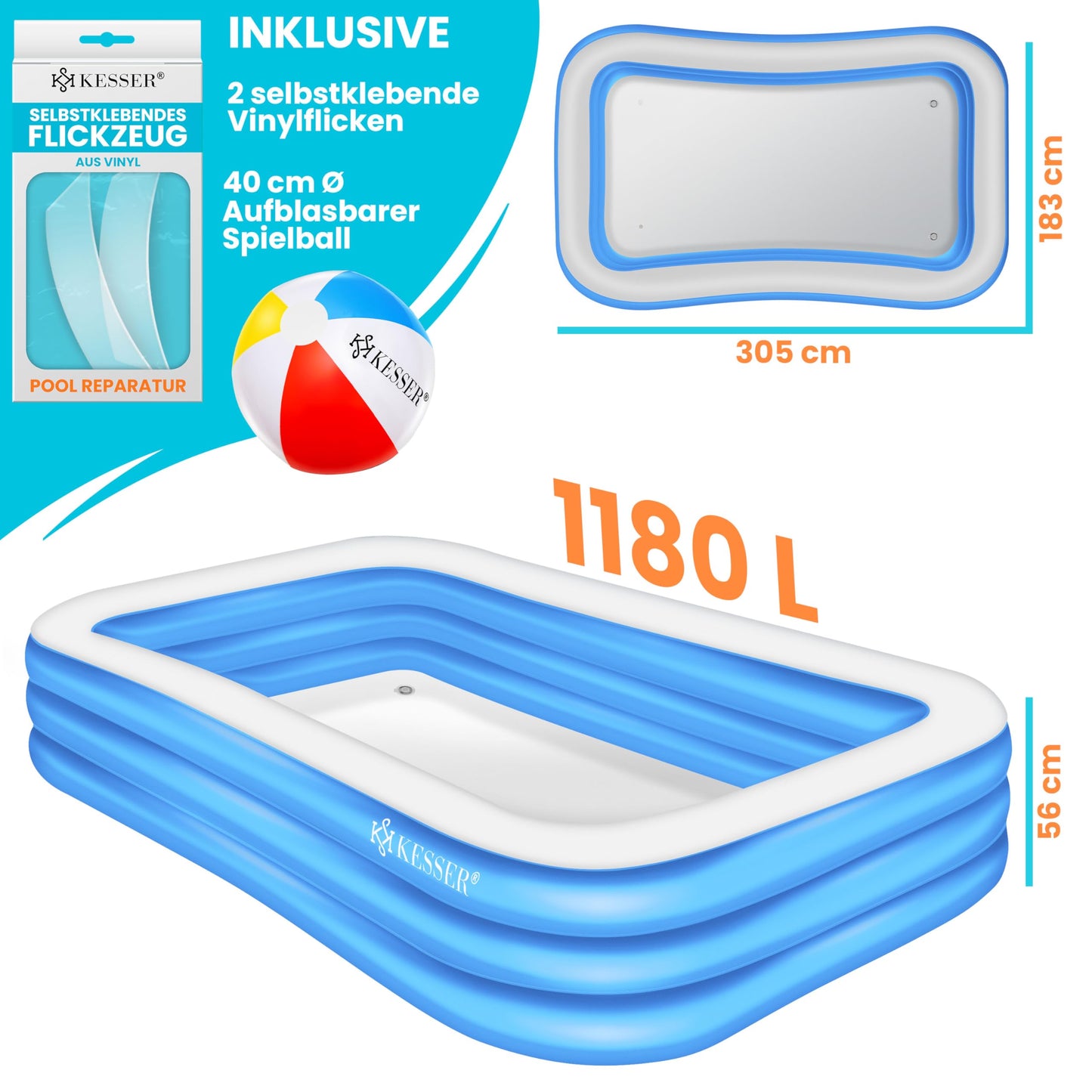 KESSER® Inflatable Pool Family Pool for children and adults Garden swimming pool Family swim pool Summer 305x183x56 cm Paddling pool 1180 liter volume Child-friendly Incl. Repair kit & Ball