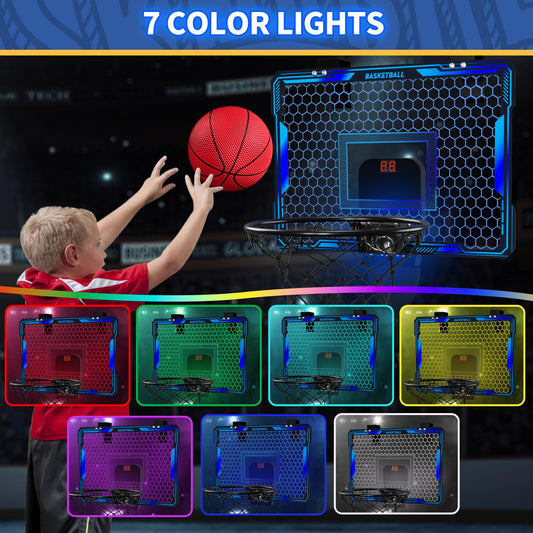 HYES Mini basketball hoop with 7 lighting for kids, electronic scoreboard, 3 balls, pump, indoor outdoor basketball hoop sports toy for kids, blue.