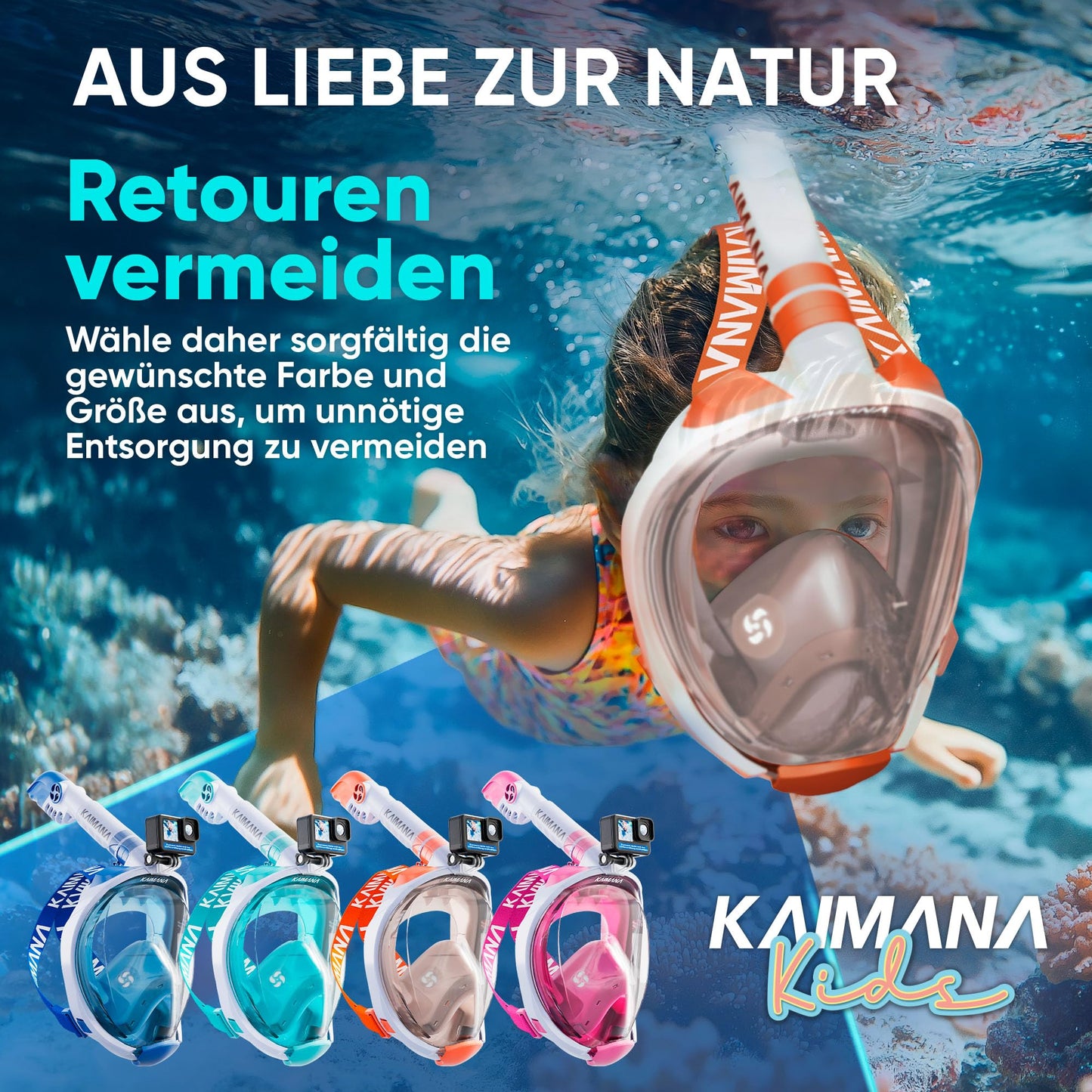 The award-winning KAIMANA® snorkel mask for children with carrying case - completely CO₂ safe diving mask for kids - diving mask - diving goggles for kids 4 years of age - snorkel mask