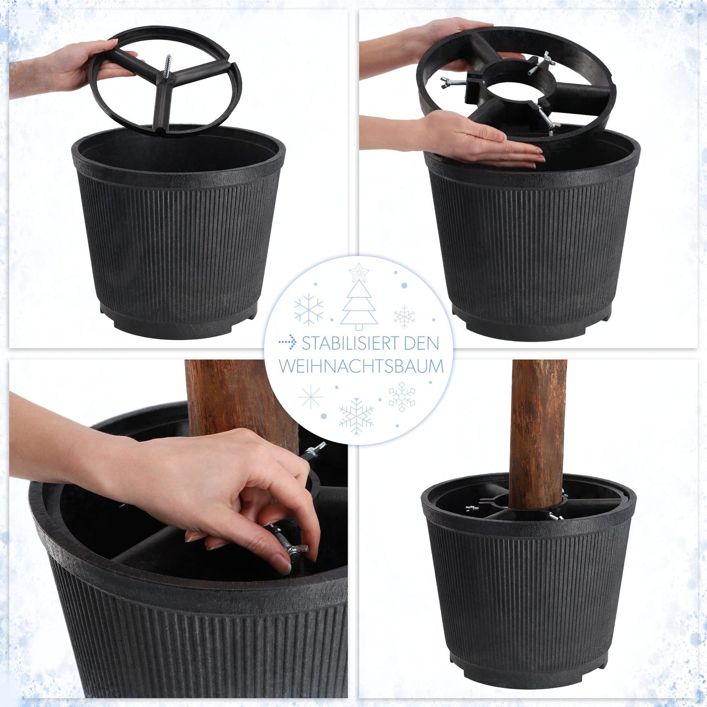 KADAX Christmas tree stand, made from recycled plastic, for real trees up to 250cm in height. Graphite color.